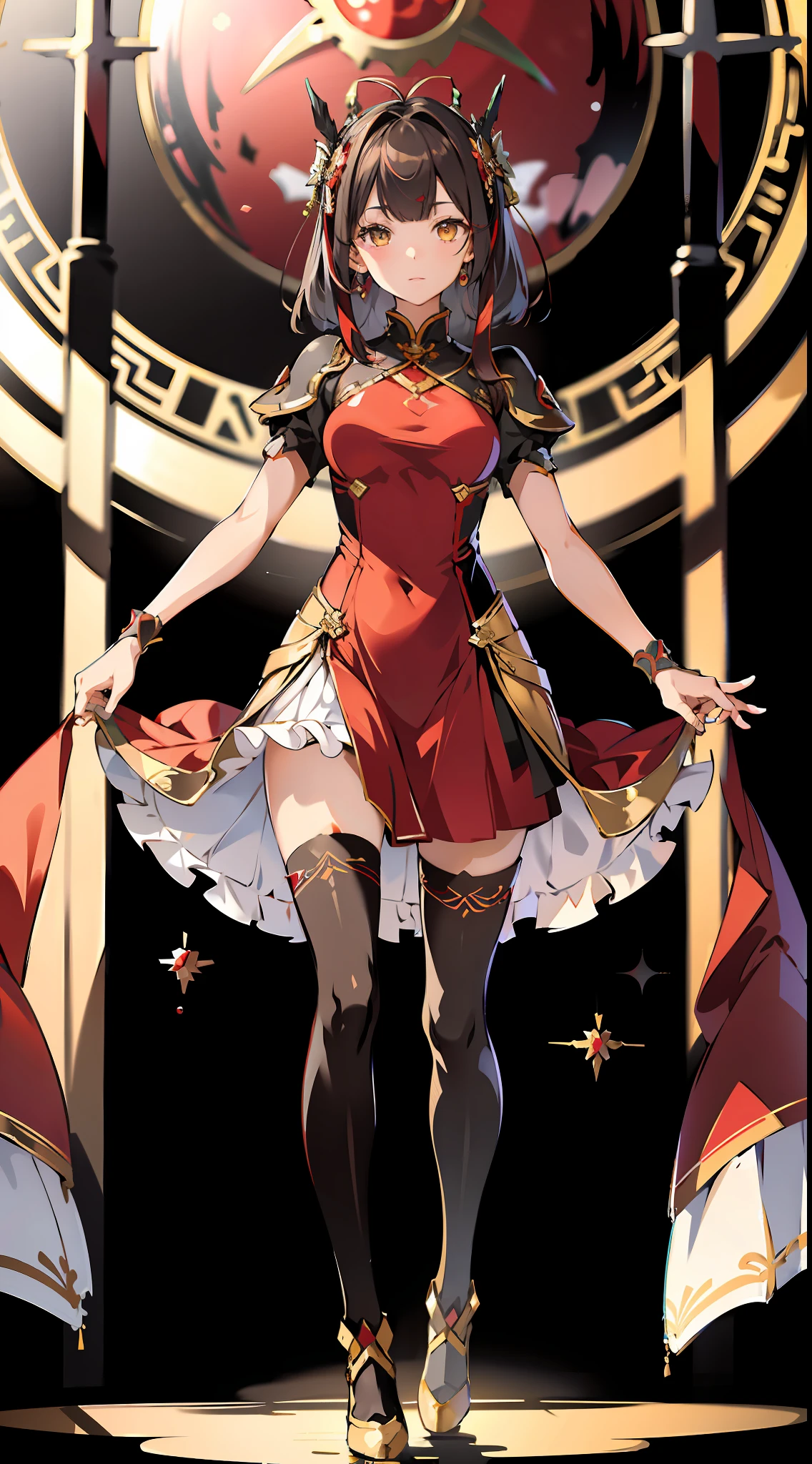 absurd res, high res, (masterpiece:1.4), ultra-detailed, 1girl, from front, space, floating, red Chinese dress, red dress, black stockings, light brown hair, yellow eyes, hands out of frame, the gap, standing, legs together, thigh gap