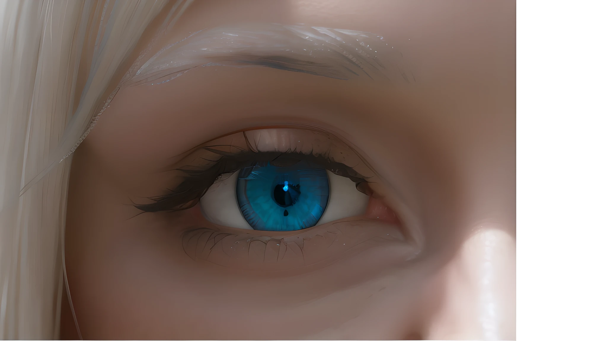 there is a doll with a blue eye and long white hair, eyes). realistic full body, enhanced eye details, photorealistic eyes, realistically rendered eyes, realistic eyes, photorealistic eyes render, perfect photorealistic eyes, hyperrealistic eyes, realistic human eyes, detailed eyes with pupils, luminescent eyes fine details, piercing detailed realistic eyes, blue pupil, 4k