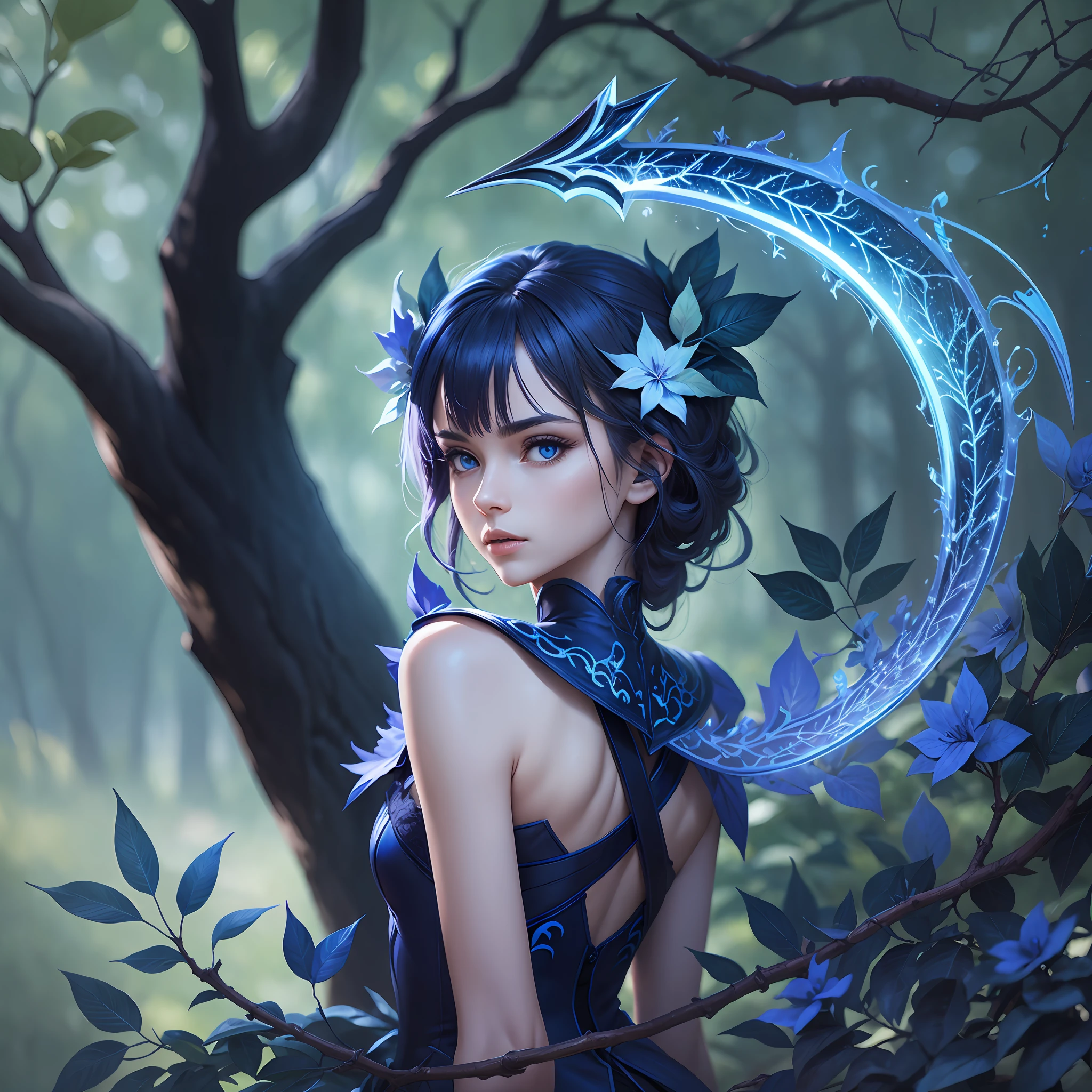 Blue leaf tree, bright, neon, dark shadows, blue sword under tree