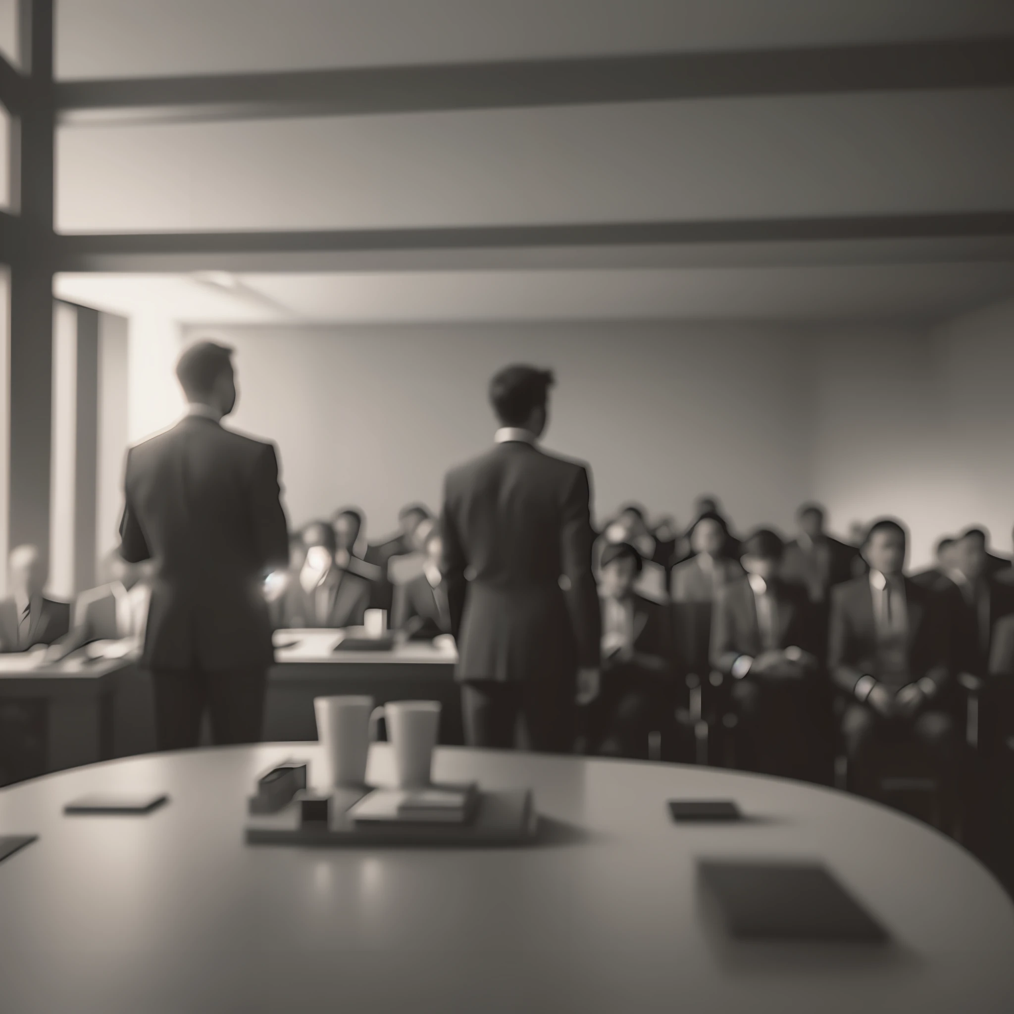 cinematic medium of a company meeting, (soft light, soft lighting: 1.1), strong shadows, unilalianism, chiaroscuro, main light, backlight, soft natural lighting, ISO 400 photography (film grain 1.2) 30 mm lens RAW aperture f1.8, highly detailed (photograph 1), HDR colors --auto --s2