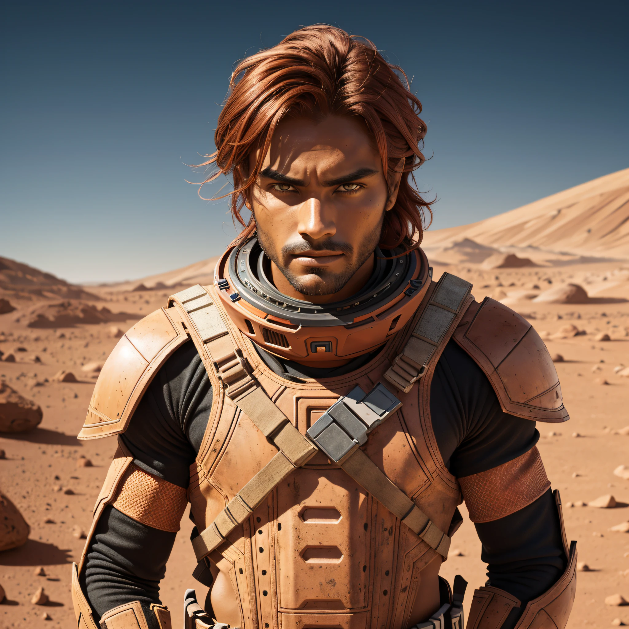 A Man standing in Mars planet ,Tanned and ruggedwith a reddish undertone skin , Intense and piercing with a fiery gaze eyes , Short and textured in shades of deep red or auburn hair , Strong and chiseled, exuding a sense of determination and power ,standing inside Mars planet, Same face as personality Mars planet, Close Potrait, 8k, looking at screen