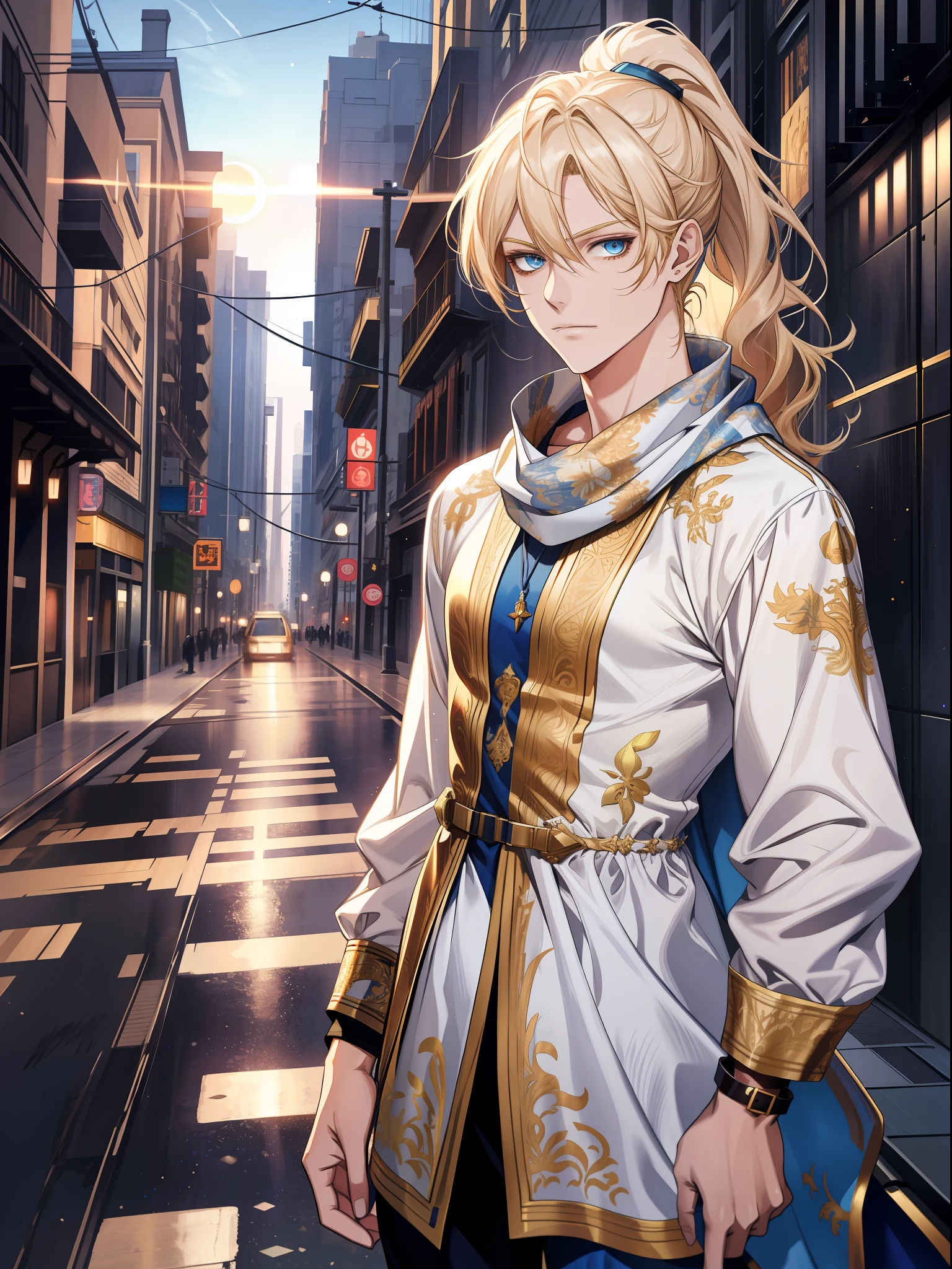 (absurdres, highres, ultra detailed), 1man, solo, wavy blonde hair, adult, blue eyes, ponytail, male focus, beautiful face, casual clothes, charming, lovely, white sun dress, breeches, oversize, bare shoulders, collarbone, space opera, sci-fi background, detailed clothing, intricate detailes, scarf, golden ornament, (short dress:1,4), skinny