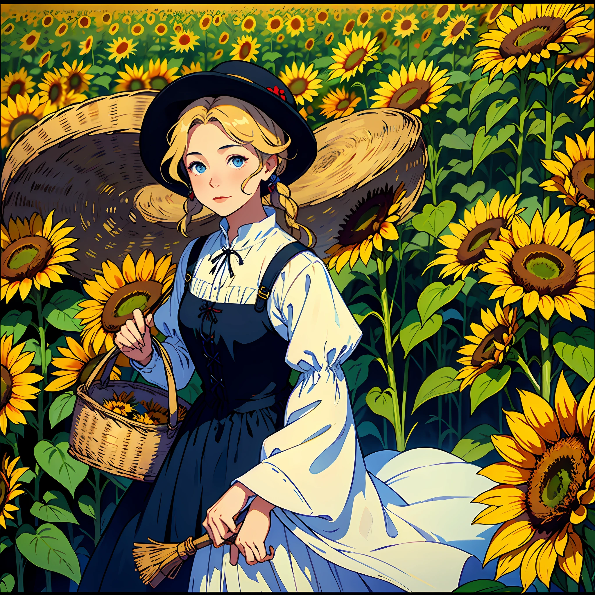 peasant woman holding a basket from which thousands of sunflowers fly and fall from the sky