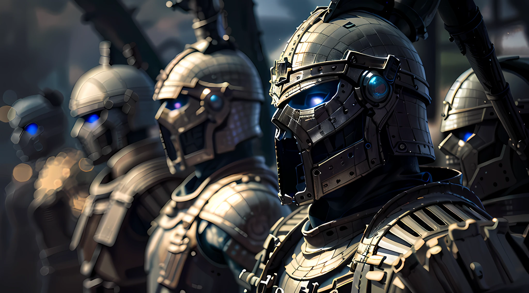 A closeup of a row of soldiers with helmets on, fantasy-style 8K octane rendering, detailed cinematic rendering, cinematic 4D cinematic rendering, 4K detail fantasy, cinematic 4k octane rendering, cinematic rendering, cinematic 3D rendering, photorealistic cinematic rendering, high-detail 8K rendering, high-detail 8K rendering, cinematic Unreal 5 engine, detailed Unreal Engine 5 rendering,  mirror.