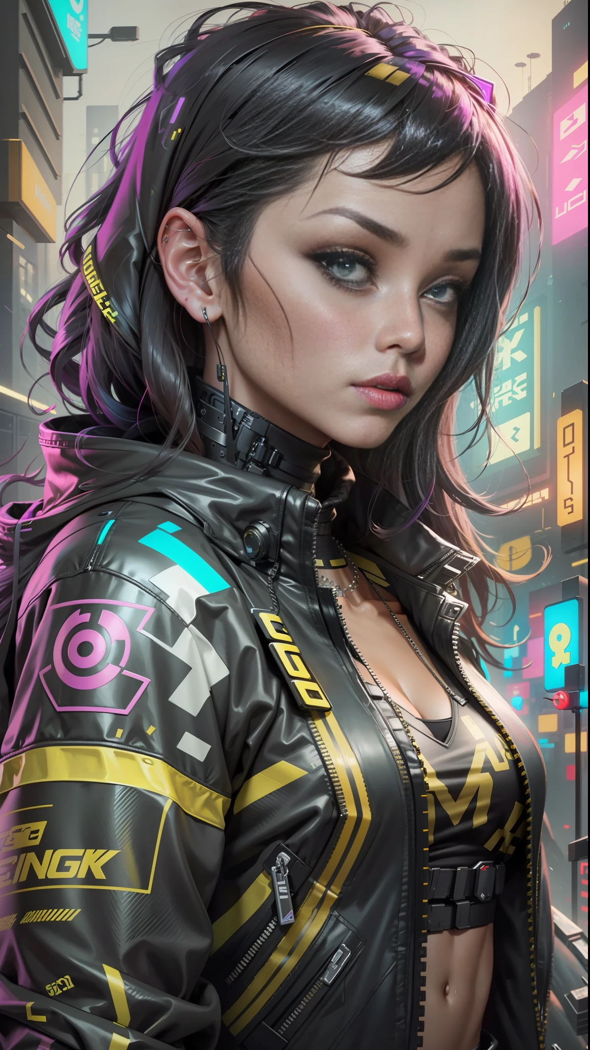 Beautiful cyberpunk girl looking at camera, black and yellow cyberpunk tech jacket, detailed muscles realistic masterpiece