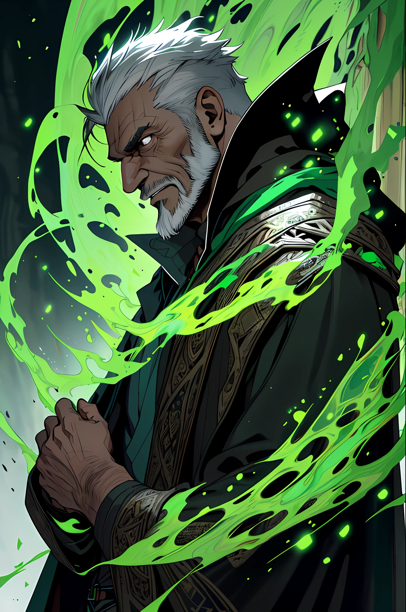 Best quality, masterpiece, super high resolution, detailed background, realism, hadesstyle, solo, male, mature, bara, muscular, mature male, short hair, facial hair, wizard, necromancer, green fire, horror \ (theme\), dark fantasy, evil, cape, depth of field