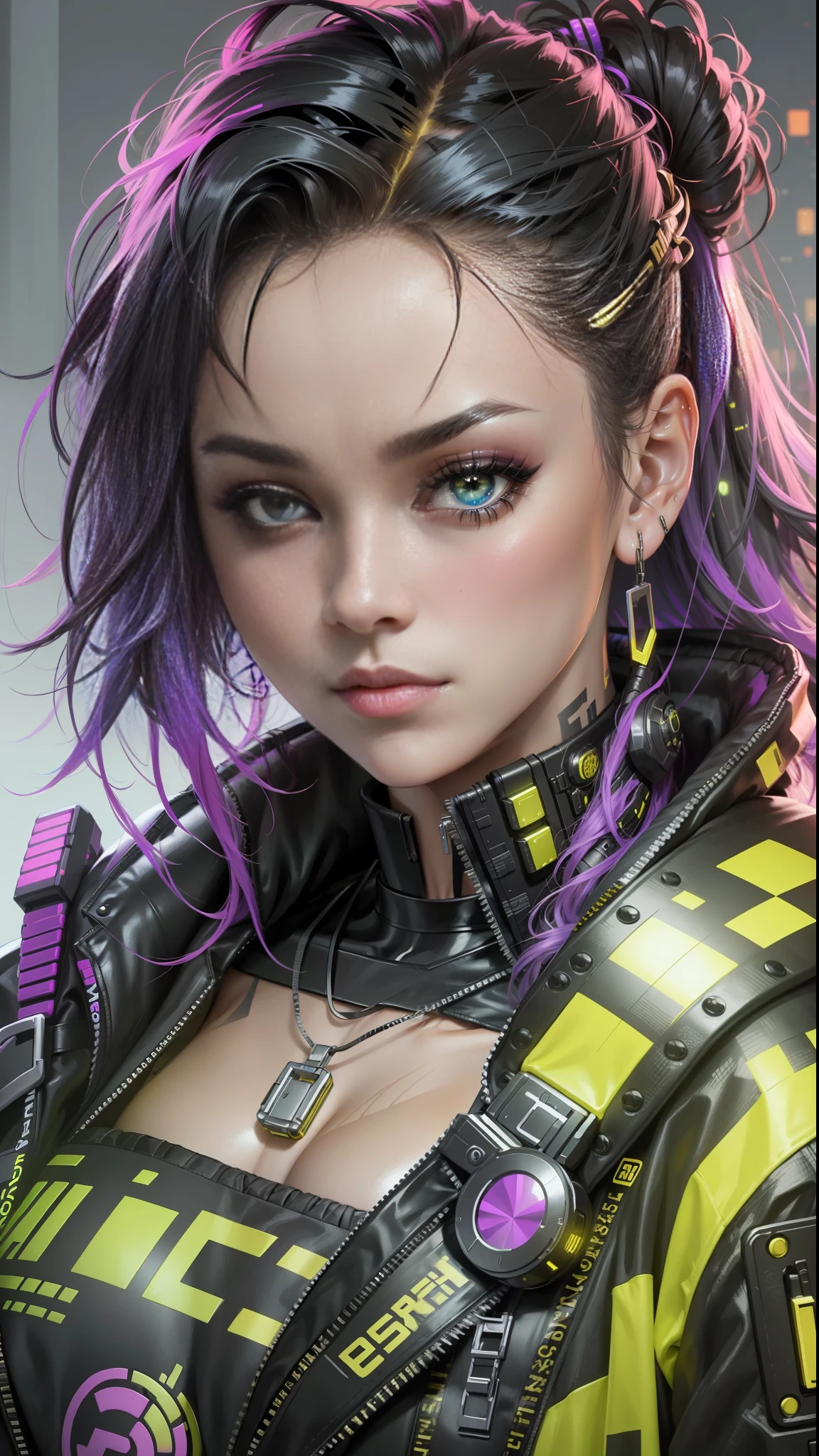 Beautiful cyberpunk girl looking at camera, black and yellow cyberpunk tech jacket, detailed muscles realistic masterpiece