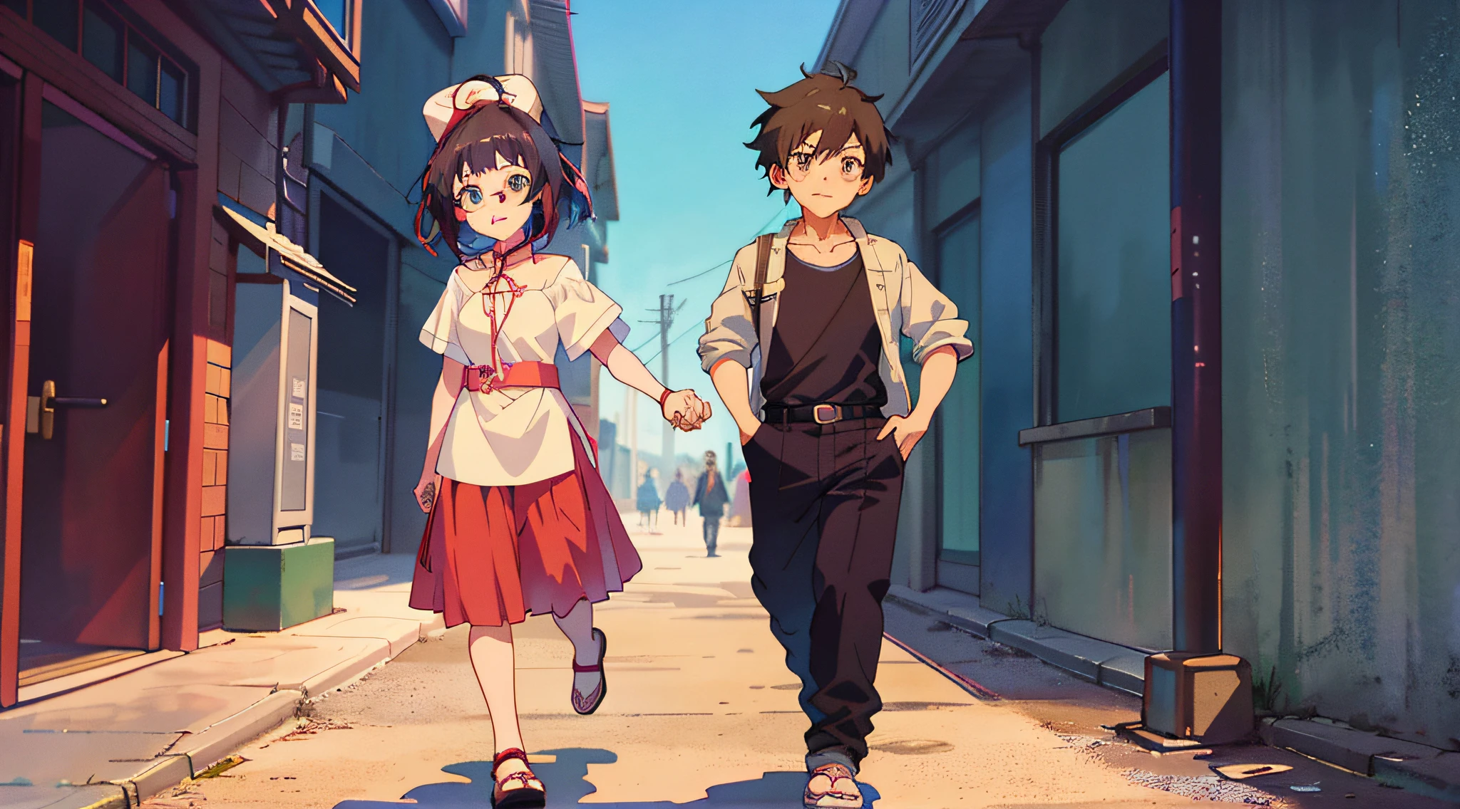 anime characters walking down a narrow alley way holding hands, anime moe artstyle, anime style. 8k, in anime style, beautiful anime art style, guweiz and makoto shinkai, epic anime style, anime style 4 k, modern anime style, style anime, anime visual style, anime style illustration, artwork in the style of guweiz