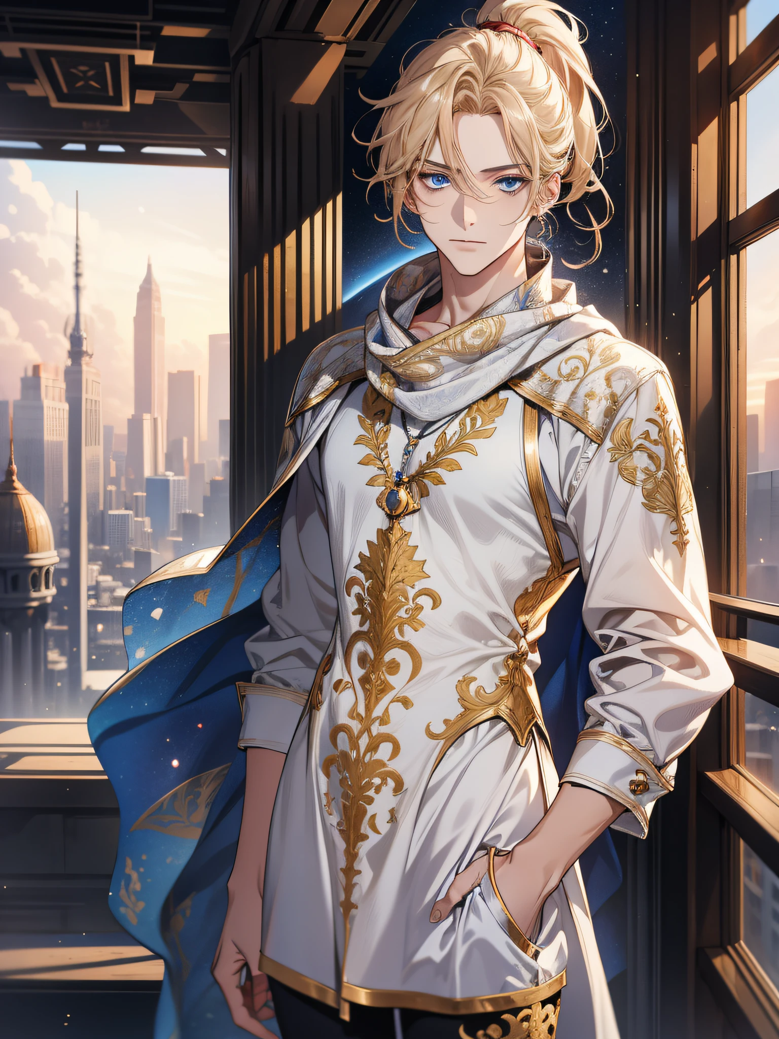 (absurdres, highres, ultra detailed), 1man, solo, wavy blonde hair, adult, blue eyes, ponytail, male focus, beautiful face, casual clothes, charming, lovely, white sun dress, breeches, oversize, bare shoulders, collarbone, space opera, sci-fi background, detailed clothing, intricate detailes, scarf, golden ornament, (short dress:1,4), skinny