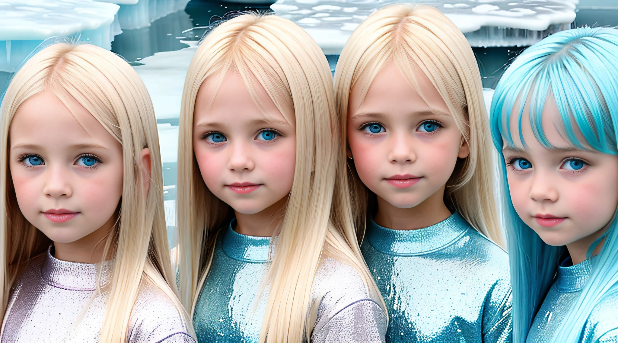 girls blonde children WITH STRAIGHT HAIR, BACKGROUND blue peroil, ice very ice.