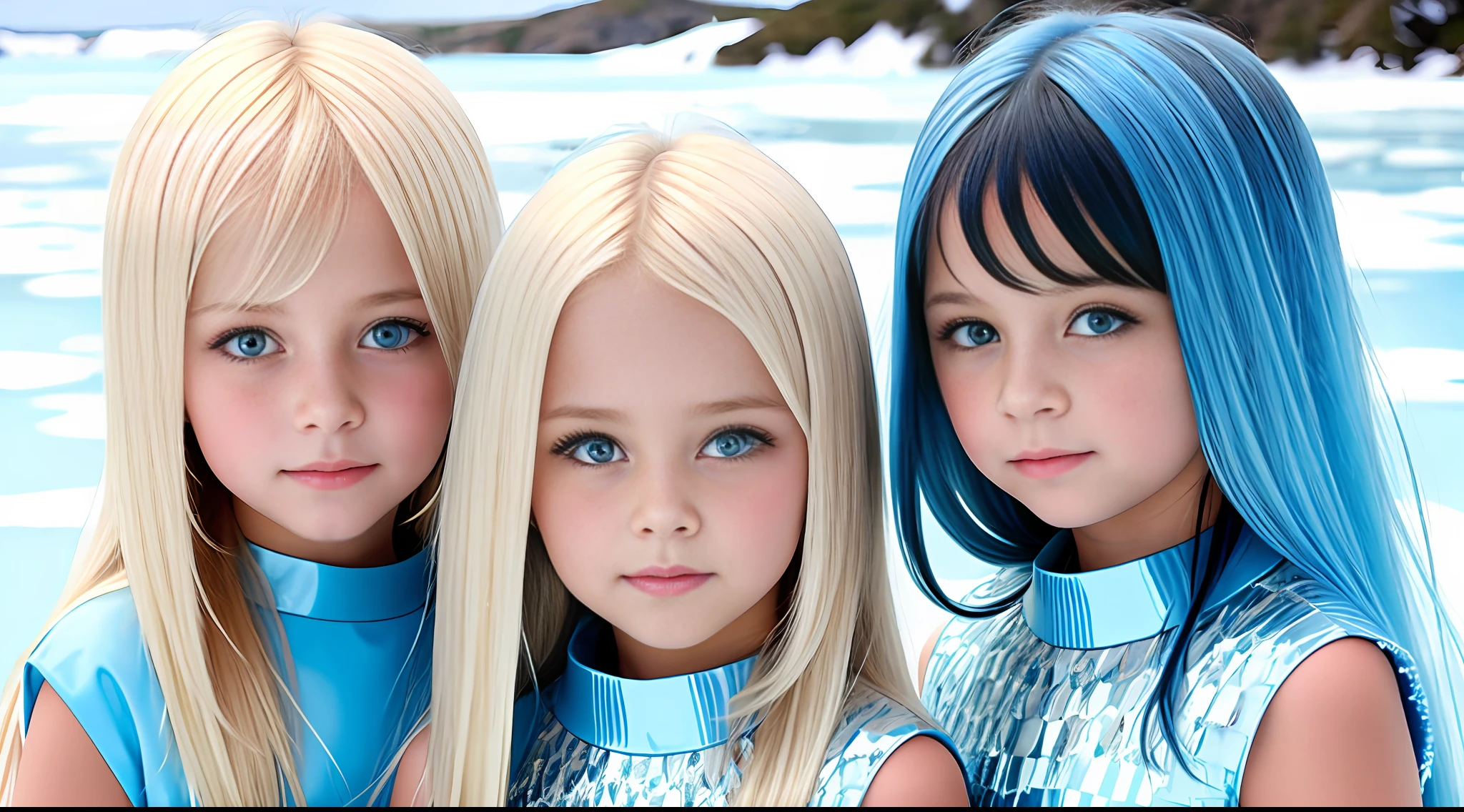 girls blonde children WITH STRAIGHT HAIR, BACKGROUND blue peroil, ice very ice.