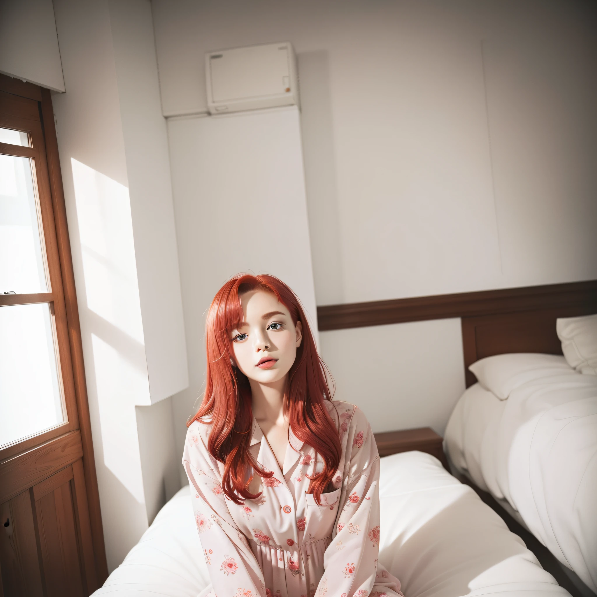 There is a woman sitting on a bed wearing a pink floral pajamas, red-haired girl, beautiful red-haired woman, red-haired woman, young red-haired girl, short bright red hair, red hair and attractive features, Anna Nikonova aka Newmilky, red-haired girl, redhead, beautiful woman, posing in bed, red head, with short red hair, posing in a room