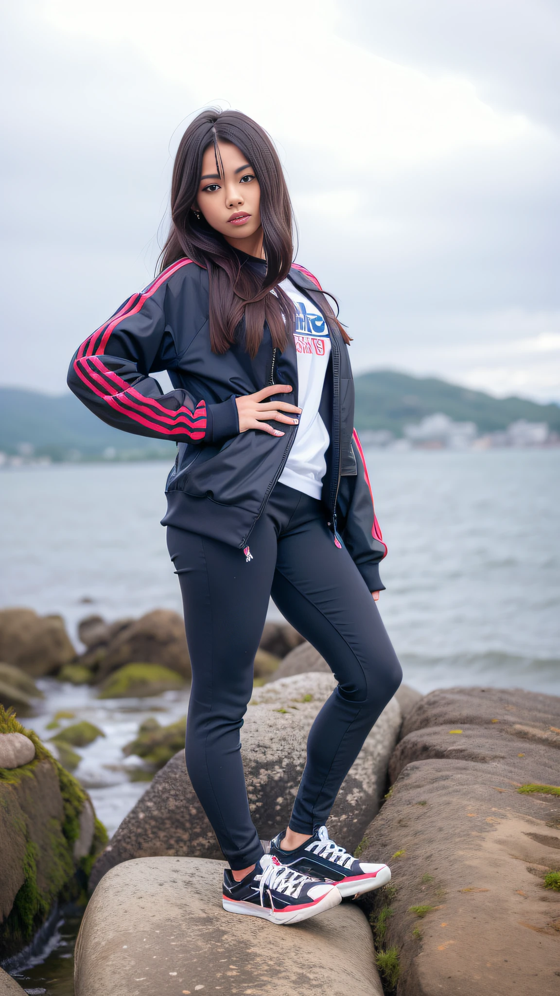 arafed woman standing on a rock near the water, casual pose, wearing adidas clothing, standing on a rock, striking a pose, cool pose, with a cool pose, posing like a statue, on a rock, wearing a track suit, standing beside the ocean, standing pose on stones, with mountains in the background, posing on a beach with the ocean --auto --s2