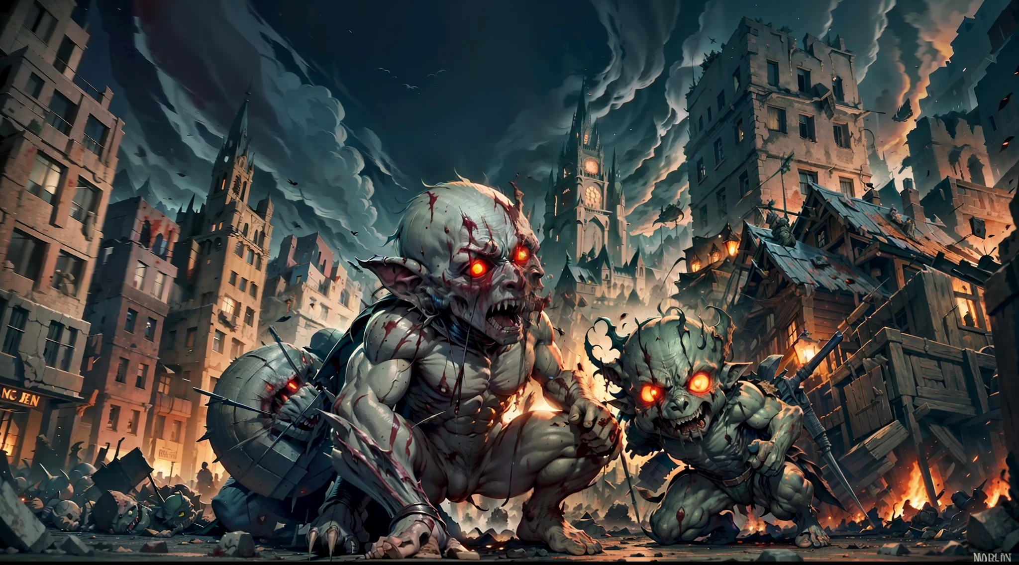 deformed goblins destroying a medieval city, night, bloody, blood, corpses, death
