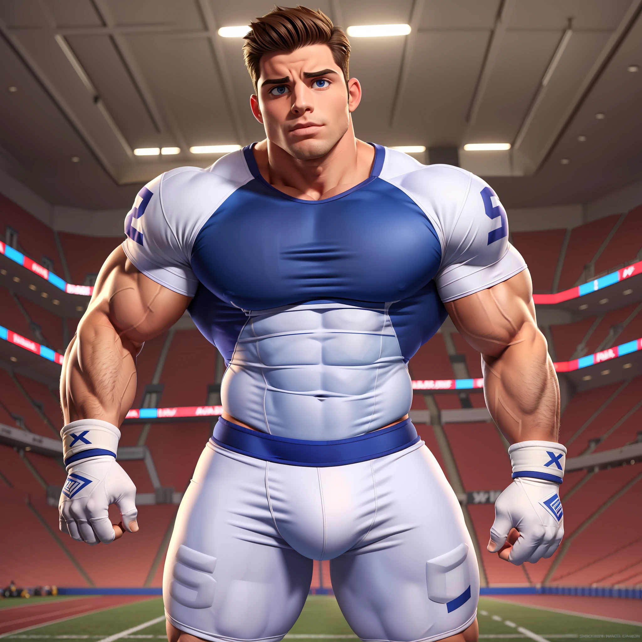 ((Bara)) 1boy, Muscled cute, slightly arrogant Nebraska college frat jock bully teasing in his skimpy football gear, compact, tidy small and realistic bulge. He looks like David Charvet and Cody Calafiore crossed with Tony Dow (pouty lips); crop top, skintight fabric, covering pecs (side pec, pec cleavage), perfect hands, realistic, fingerless gloves