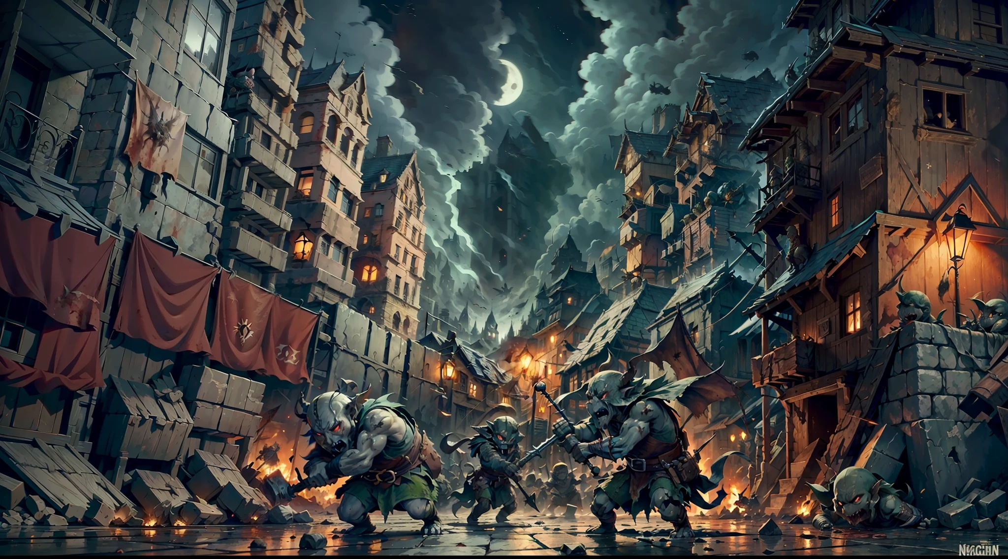 deformed goblins destroying a medieval city, night, bloody, blood, corpses, death