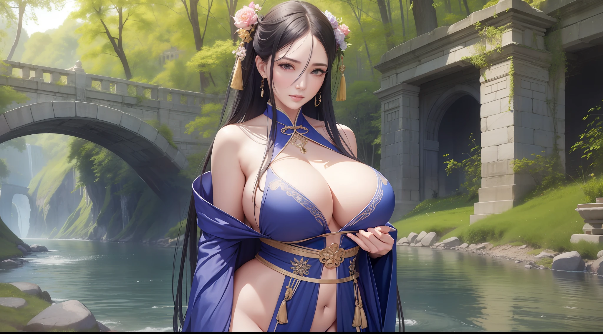 A tall and beautiful mature woman, shy expression, exposed thighs and shoulders, plump body, upper body, masterpiece, superlative, (realism: 1.4), high resolution, long hair, shrink breasts, spilled breasts, large, thin fabric, imprints, huge breast marks, riverside rocks or temples or bridges, hanfu, hanfu, perspective,