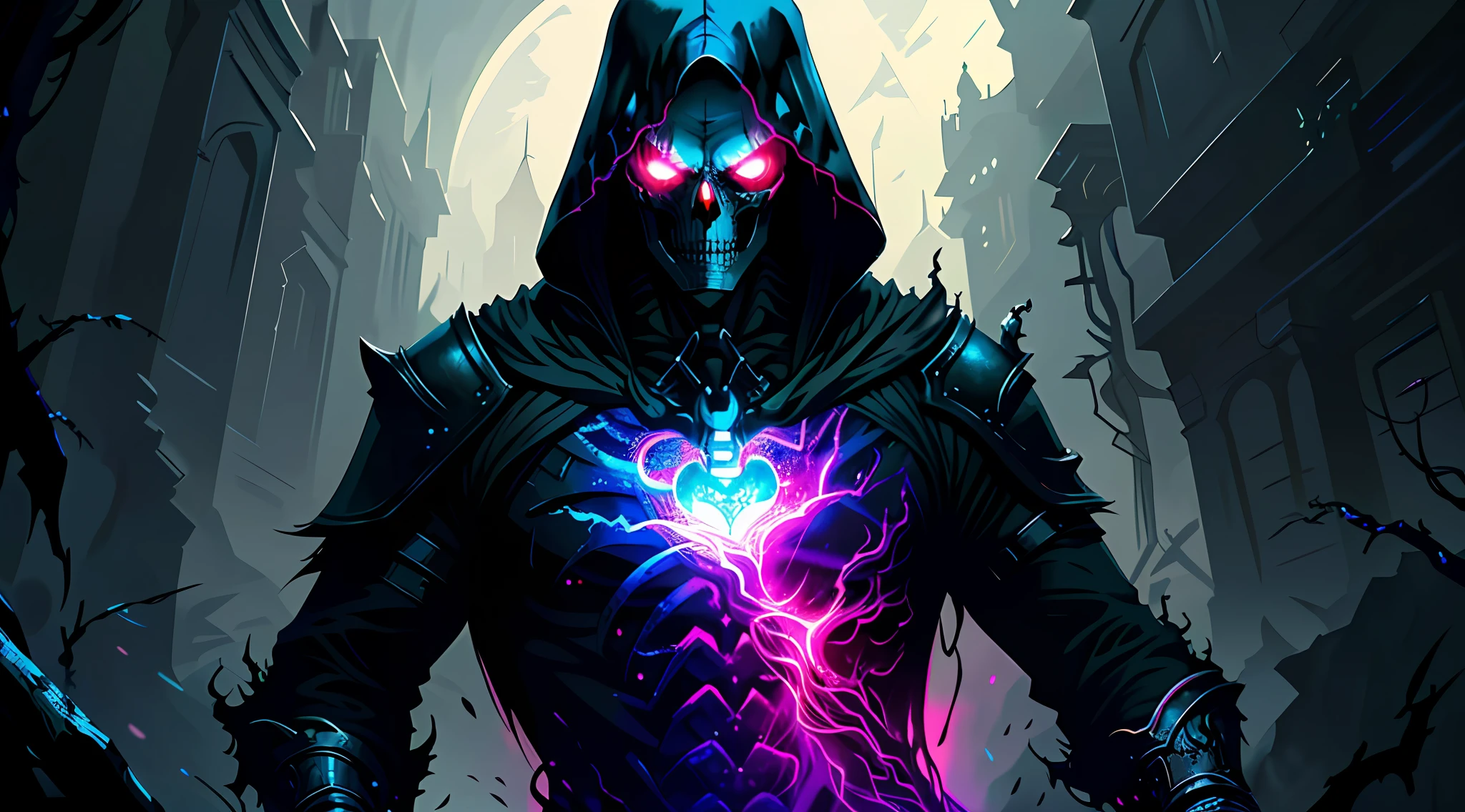 (8k unit wallpaper CG extremely detailed, masterpiece, best quality, ultra-detailed), (((solo))), ((extremely wide shot:1.15)), a dark being with skull face, with a magic amulet on his chest, holding a staff, in his lair, colorful, (dynamic pose), ((upper body:1.15)), (high detail), (intricate details), colorful, intricate, dark scene medieval, medieval, intense environment, Sinister, dark, evil, detailed environment, incredible high detail, ((matte painting)), highly detailed environment, illustrator, (masterpiece).