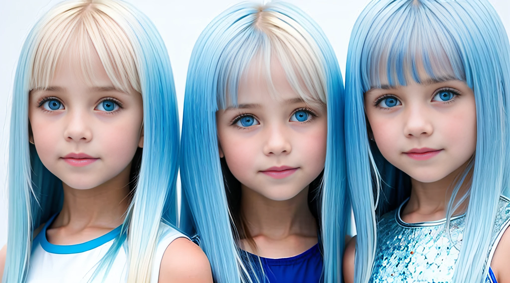 girls blonde children WITH STRAIGHT HAIR, BACKGROUND blue peroil, ice very ice.