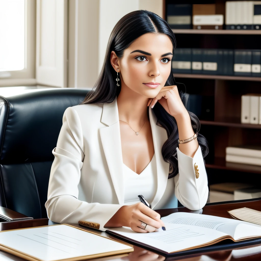 She has white ((white)), dark hair, eyes and eyebrows that contrast with her fair skin, piercing eyes, very delicate face. Her hair is loose, falling over her shoulders in gentle waves, without artifice, maintaining an authentic and feminine appearance. The lawyer is dressed in an elegant and authentic way that adds a touch of sophistication. The gaze is focused and determined. there's only one person. She's in her office, a space that reflects her personality: elegant and modern. The desk is covered with legal documents, a sleek pen and a modern laptop. Decorative plants. A bookshelf in the background contains a variety of law volumes, mixed with personal objects that reflect your interests and passions. The lawyer is standing, with one hand resting lightly on the table and the other holding a document she is reading intently. She radiates an aura of confidence, intelligence and authenticity. The natural light coming in through the window in the background illuminates the scene, creating an atmosphere of focus and serenity. The final image should convey the beauty, elegance and determination of this Portuguese lawyer, combining elements of her unique personality and her professional work environment