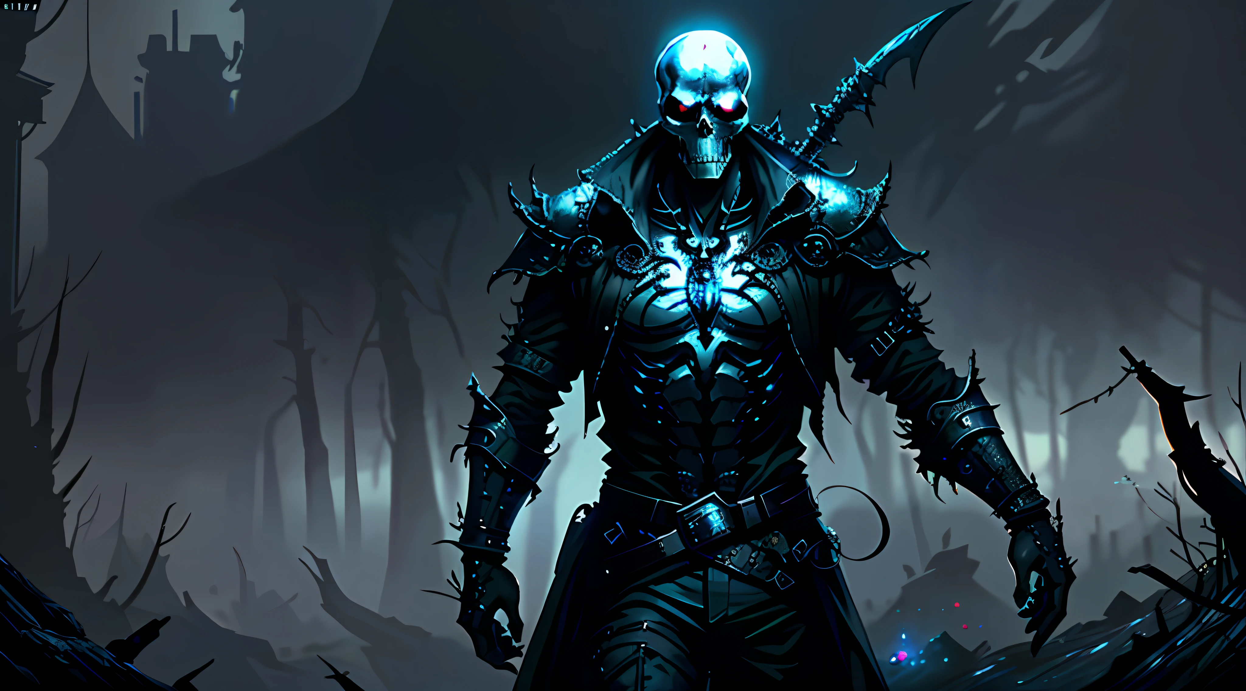 (8k unit wallpaper CG extremely detailed, masterpiece, best quality, ultra-detailed), (((solo))), ((extremely wide shot:1.15)), a dark being with skull face, with a magic amulet on his chest, holding a staff, in his lair, colorful, (dynamic pose), ((upper body:1.15)), (high detail), (intricate details), colorful, intricate, dark scene medieval, medieval, intense environment,  Sinister, dark, evil, detailed environment, incredible high detail, ((matte painting)), highly detailed environment, illustrator, (masterpiece).