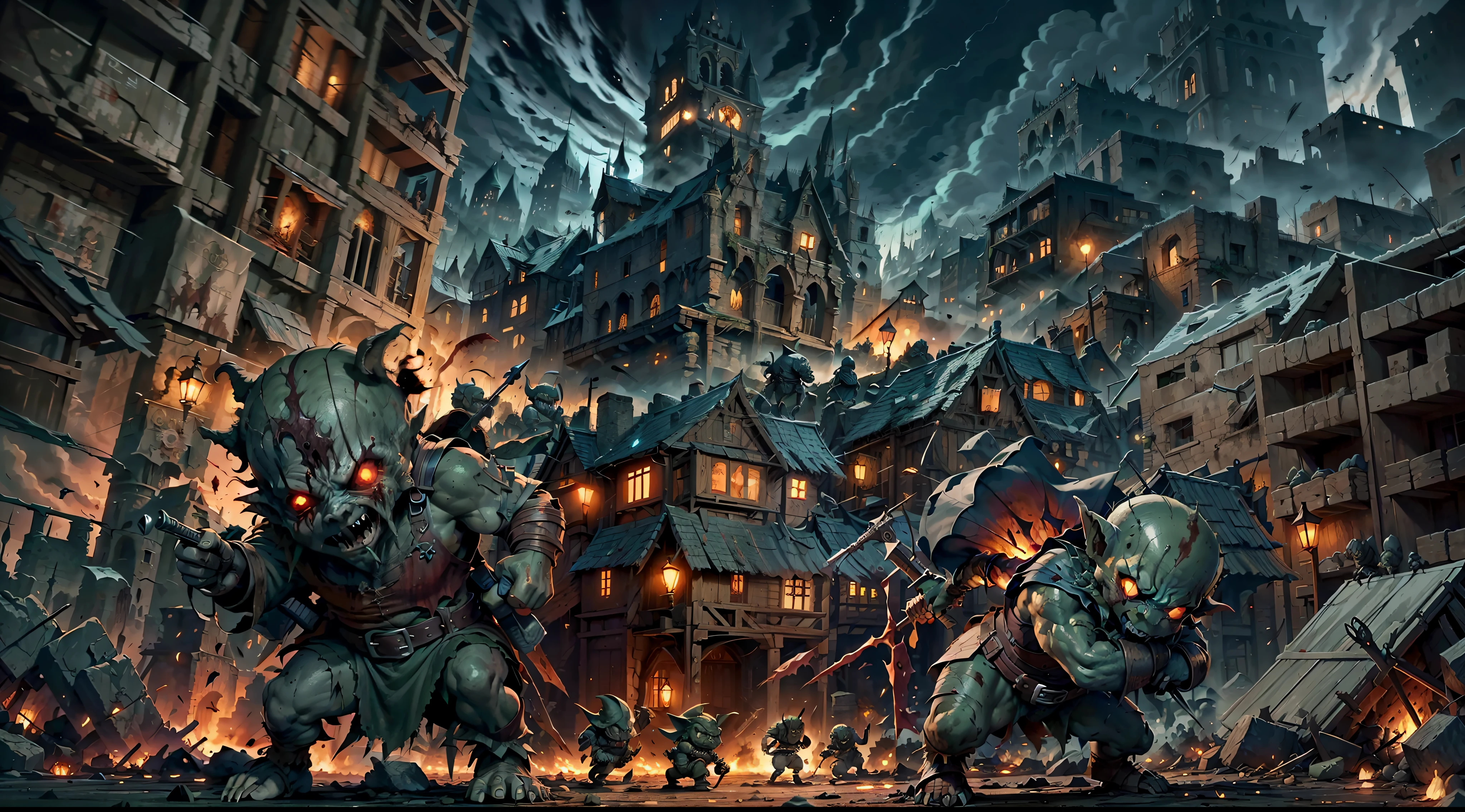 deformed goblins destroying a medieval city, night, bloody, blood, corpses, death