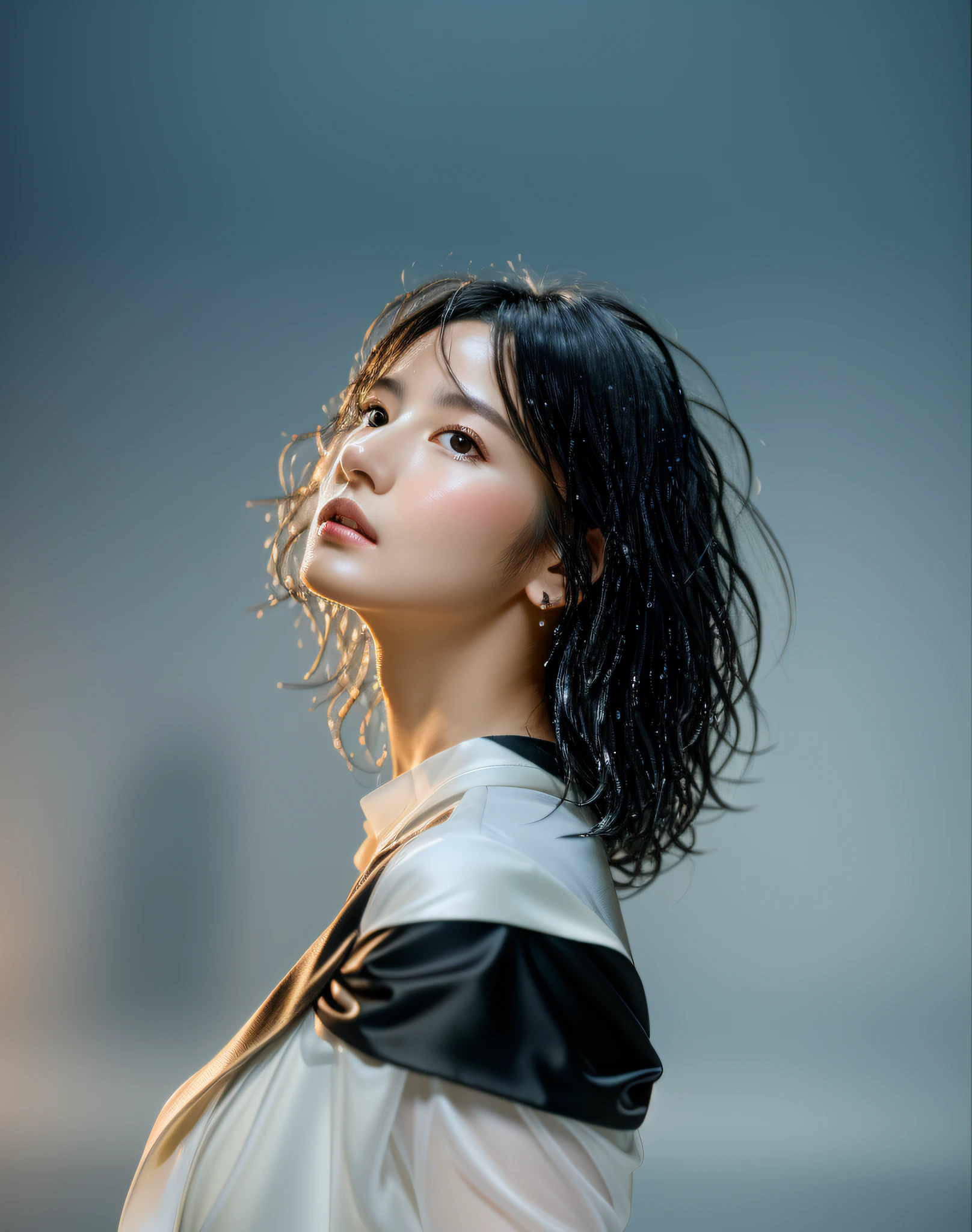 random pose, mix4,(8k, RAW photo, best quality, masterpiece:1.2), (realistic, photo-realistic:1.37),1girl,cute,cityscape, night, rain, wet, professional lighting, photon mapping, radiosity, physically Based on rendering, gradient black hair, white hair, short curly hair, handsome, girl, white ball suit, superb quality, high resolution, 1080p, (clear face), (detailed facial description), (detailed hand description ),(masterpiece),(exquisite CG),extreme light and shadow,messy hair,masterwork,rich details,(exquisite facial features),(highest quality),(masterpiece),(delicate eyes),looking forward to your eyes,exquisite clavicle