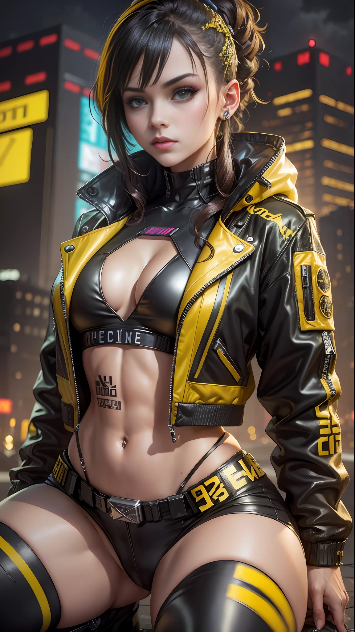 Beautiful cyberpunk girl wearing black and yellow cyberpunk tech jacket, detailed muscles, kneeling, realistic masterpiece