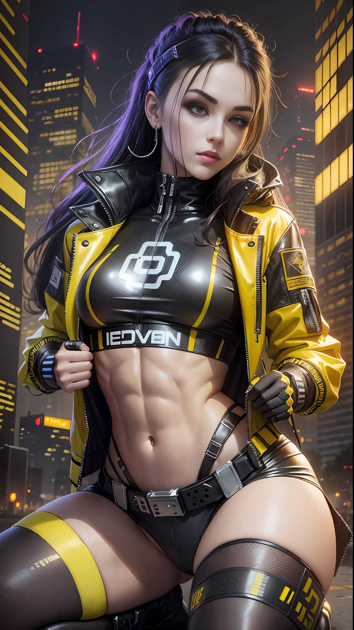 Beautiful cyberpunk girl wearing black and yellow cyberpunk tech jacket, detailed muscles, kneeling, realistic masterpiece