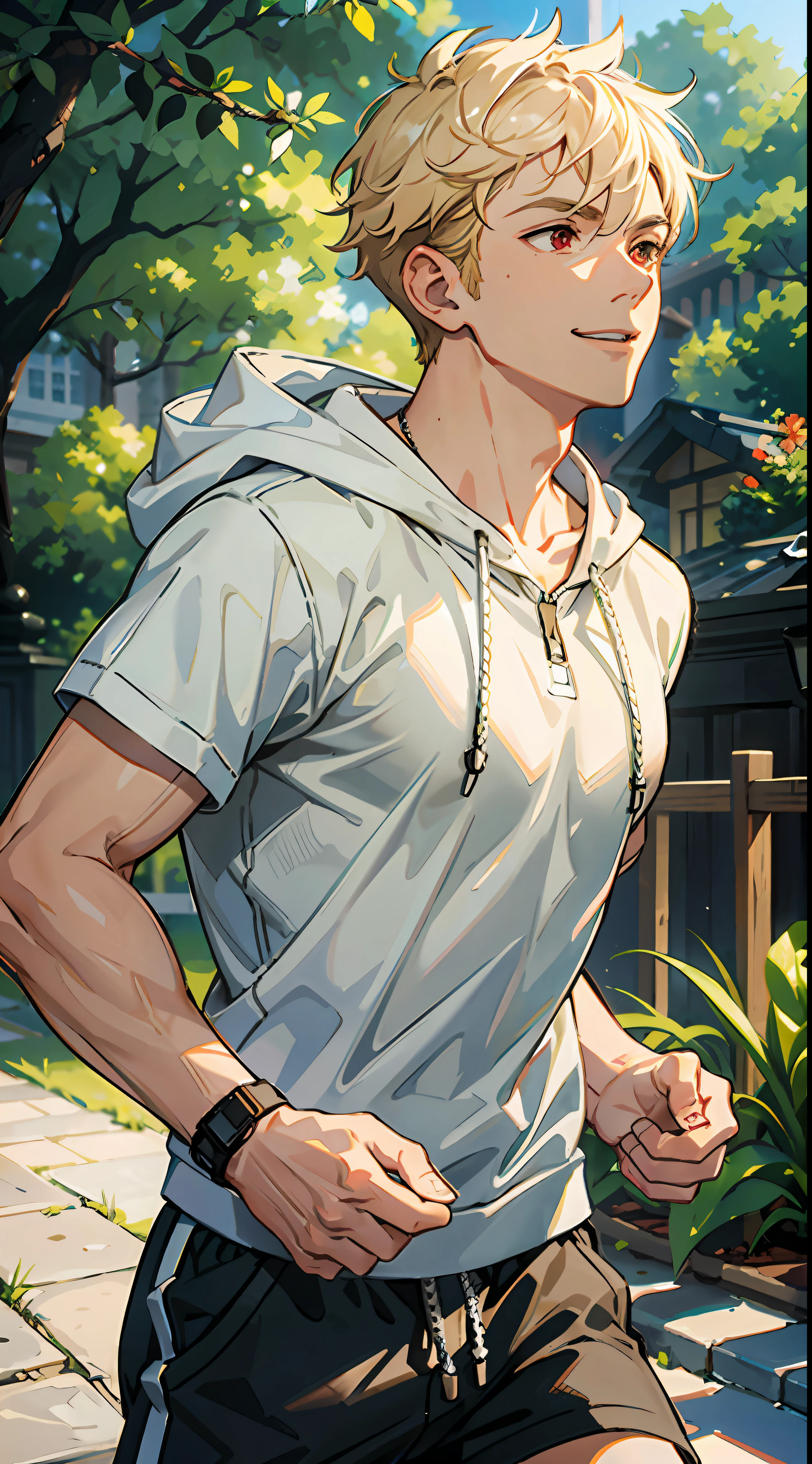Masterpiece, Solo, Best Quality, 1 Male, Young Adult, toned , Handsome, Narrow eyes, From the side, Intricate details, Casual attire, Extra large hood, Shorts, Running shoes, Very short blonde and red-eyed spiked hair, Medium length hair, Intricate pattern, Best light and shadow, Park background, Running, Mottled day, Depth of field, Plants, Summer, Colorful , artistic, depth of field, smile, mouth closed