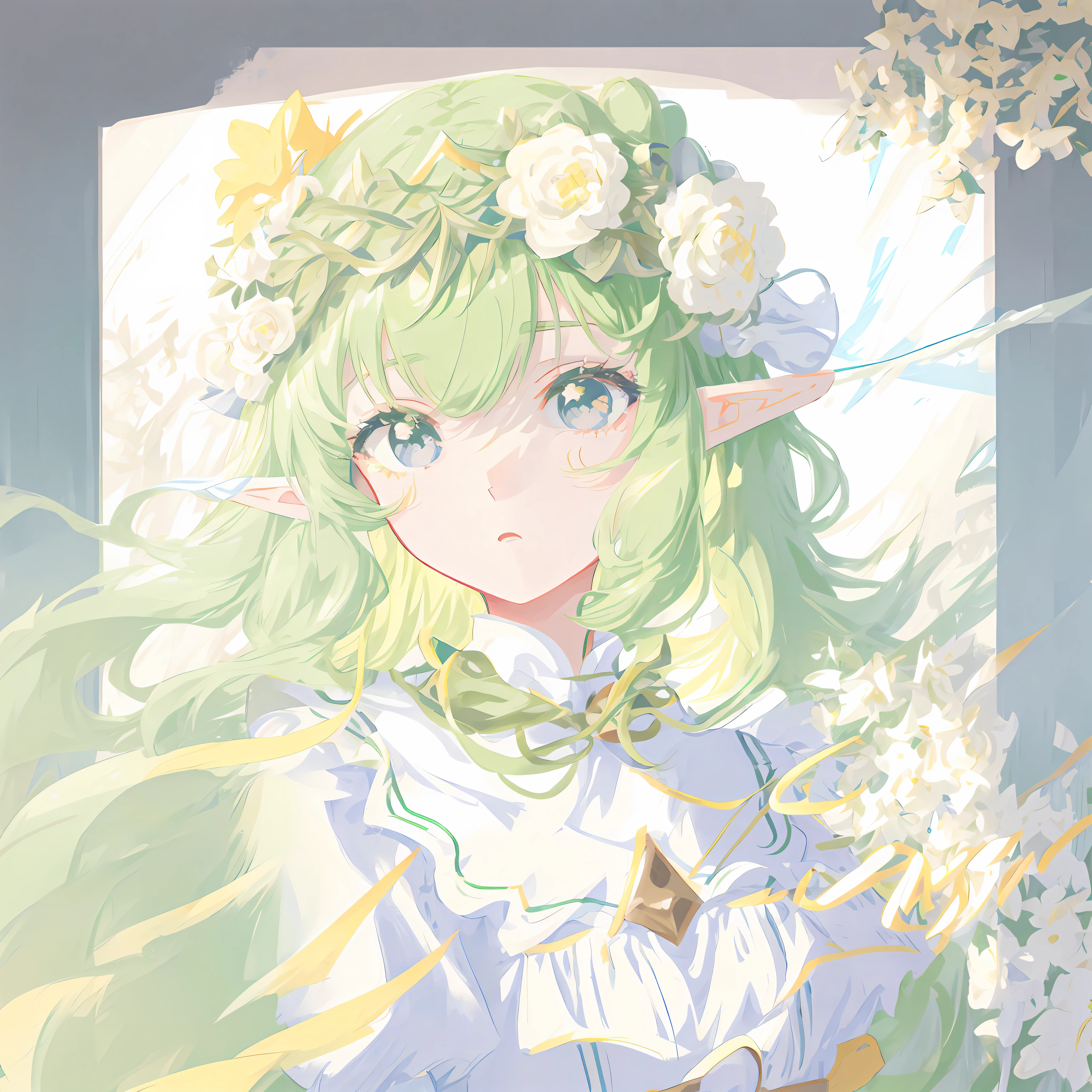 Anime girl with long green hair and flower crowns, elf girl in flower clothes, elf princess, colored line art, pastel anime illustration, she has flower crowns, flat anime style shadows, colored line art, anime art style, anime art style, marin kitagawa fanart, anime style, colored line art, (((crazy))) elf princess (masterpiece, best quality), long green hair, curly hair, garland on the head, gray eyes, white slip dress, cute, anime style, slightly surprised expression, gray eyes