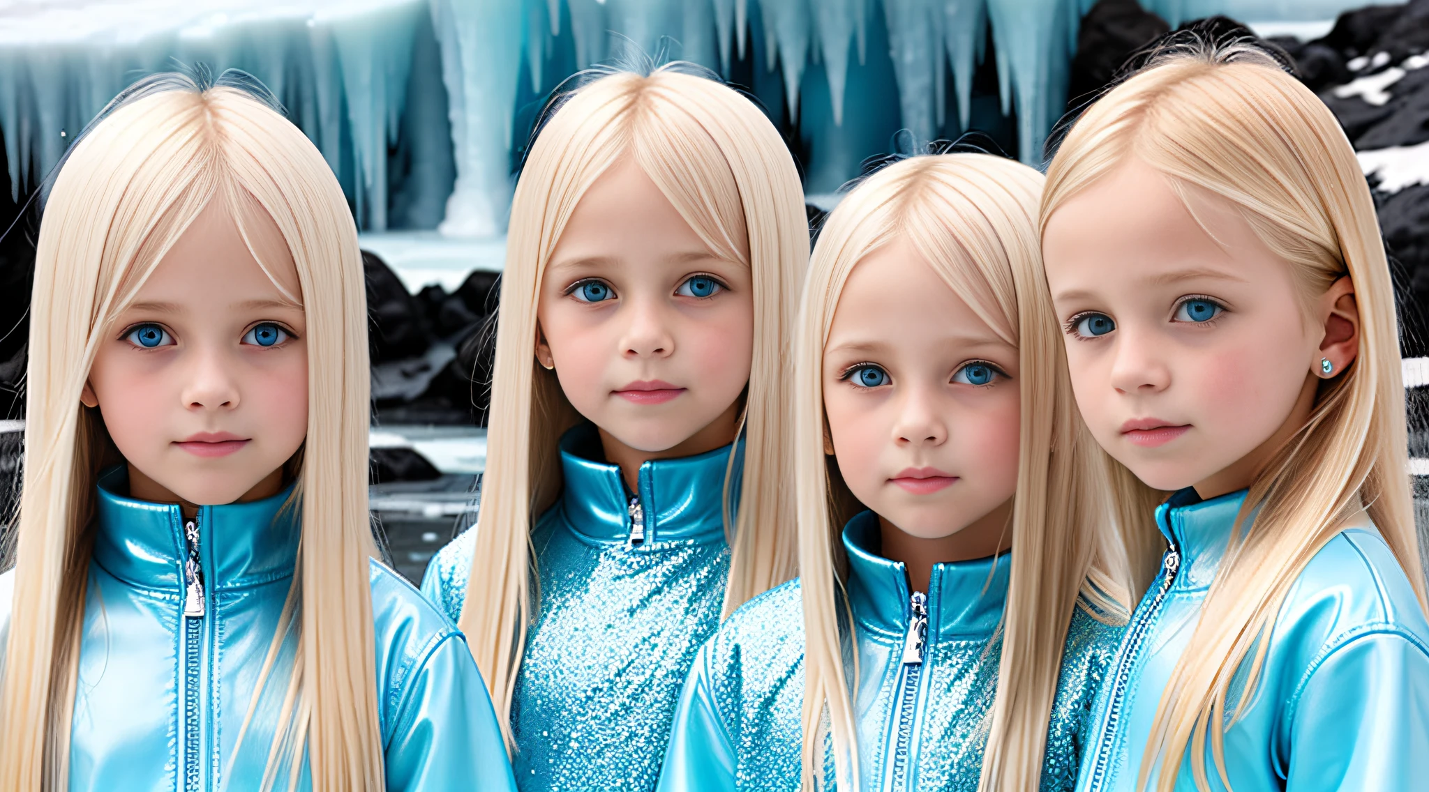 girls blonde children WITH STRAIGHT HAIR, BACKGROUND blue peroil, ice very ice.