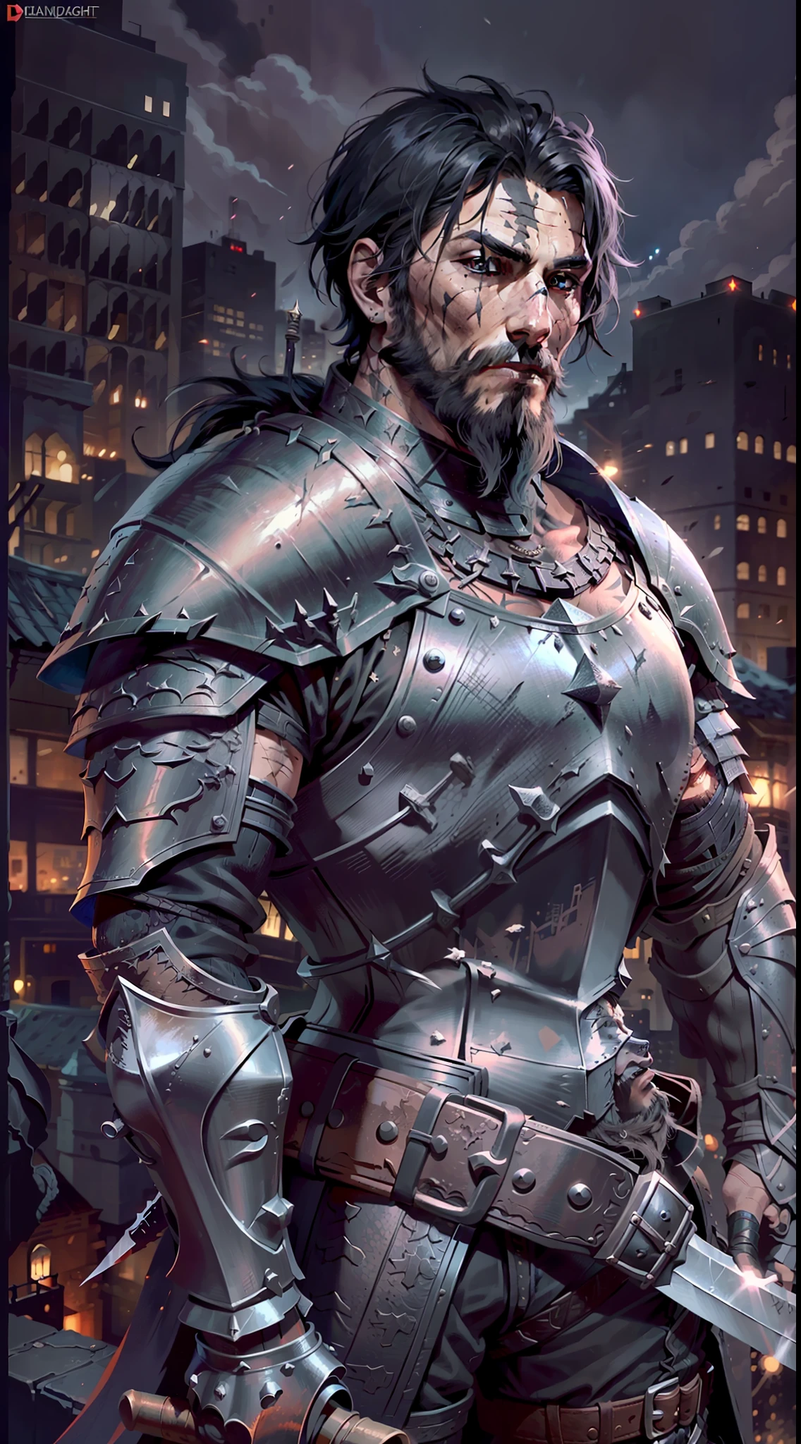 a medieval knight, dirty black armor, beard, short black hair, with a sword, scars in the face, city night background