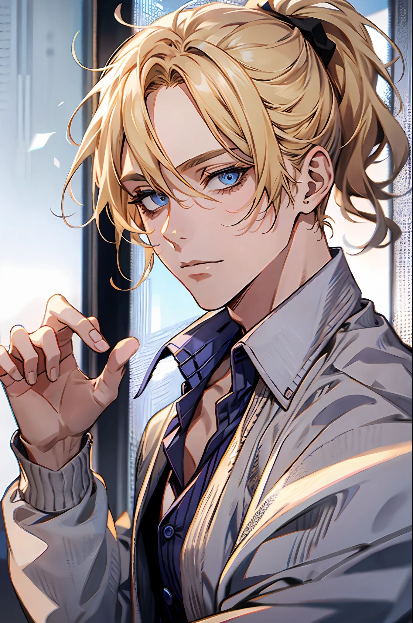 1man, solo, blue eyes, blonde hair, ponytail, detailed eyes and face, oversized cardigan, unbuttoned shirt, sexual pose
