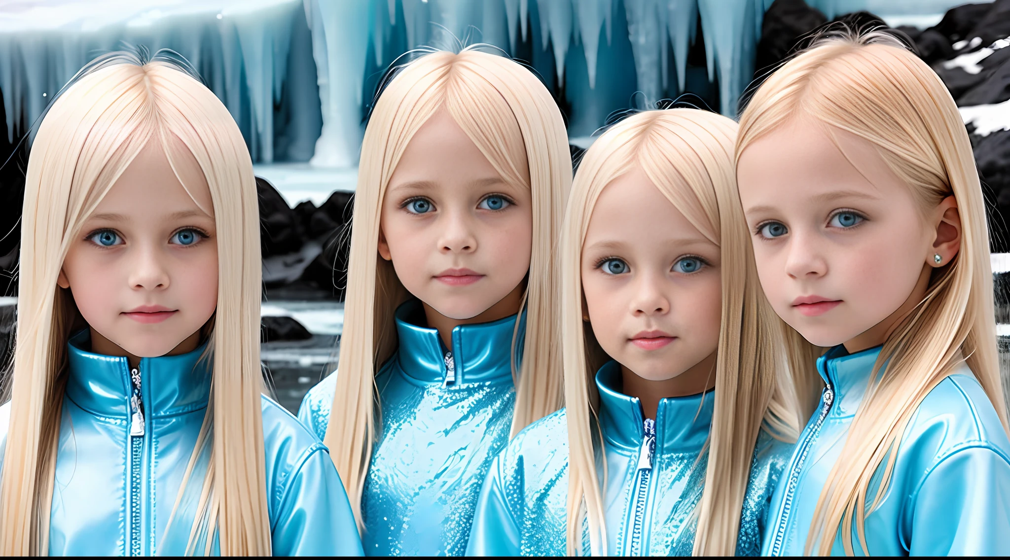 girls blonde children WITH STRAIGHT HAIR, BACKGROUND blue peroil, ice very ice.