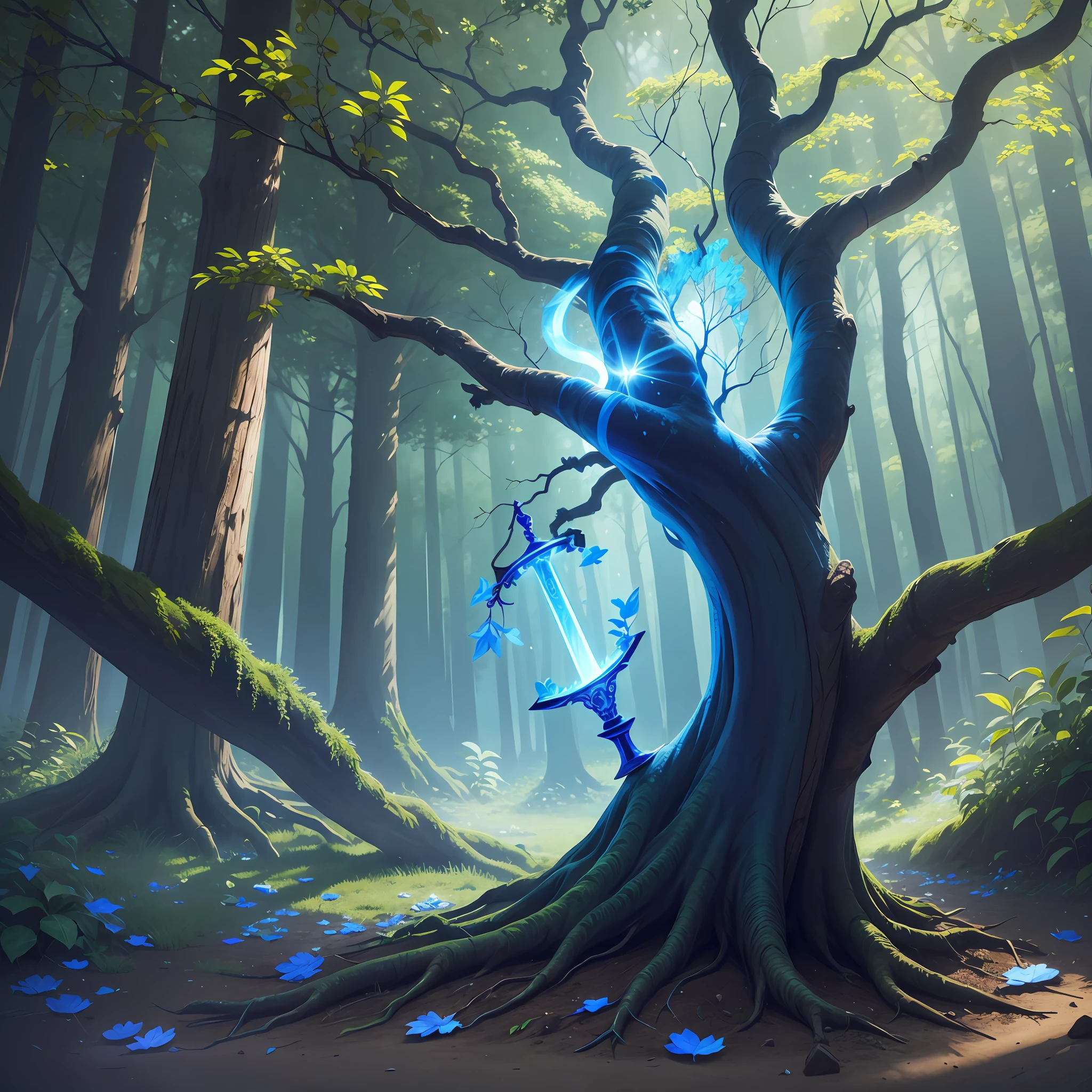 Blue leaf tree, bright, neon, dark shadows, blue sword under tree, soil, sword stuck in the ground