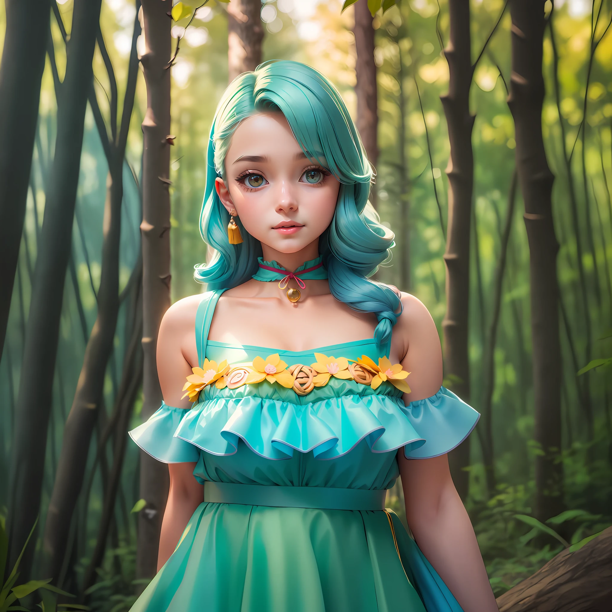 there is a woman with blue hair and a green dress in the woods, anime styled 3d, photorealistic anime girl render, realistic anime 3 d style, anime girl with teal hair, realistic anime artstyle, anime realism style, realistic anime art style, artgerm on artstation pixiv, beautiful blue haired girl, extremely detailed artgerm