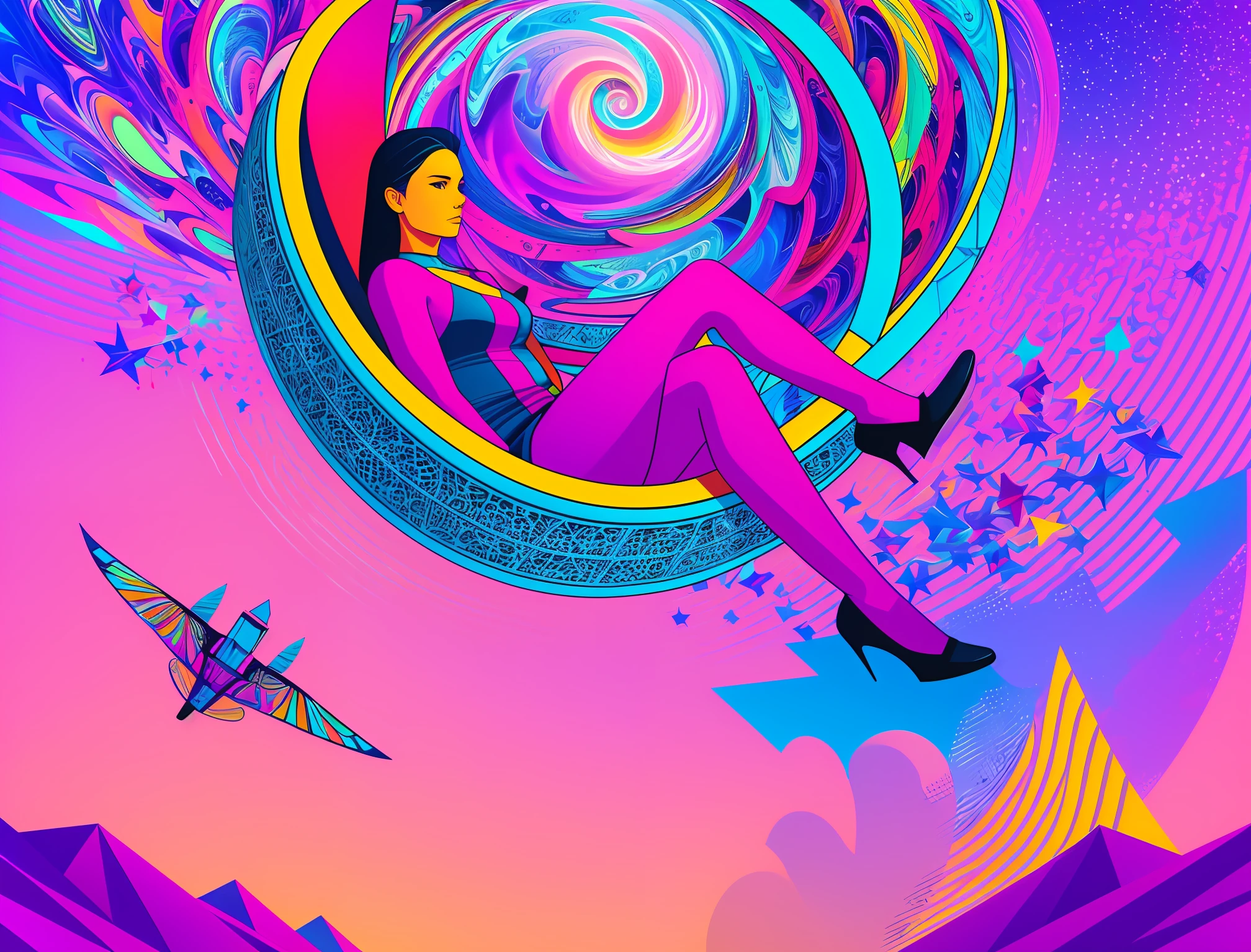 Create a digital art piece of a woman sitting in a flying chair with a neo-surrealistic background, featuring vibrant colors and graphic elements that represent the complexity of the human mind and emotions. --auto --s2