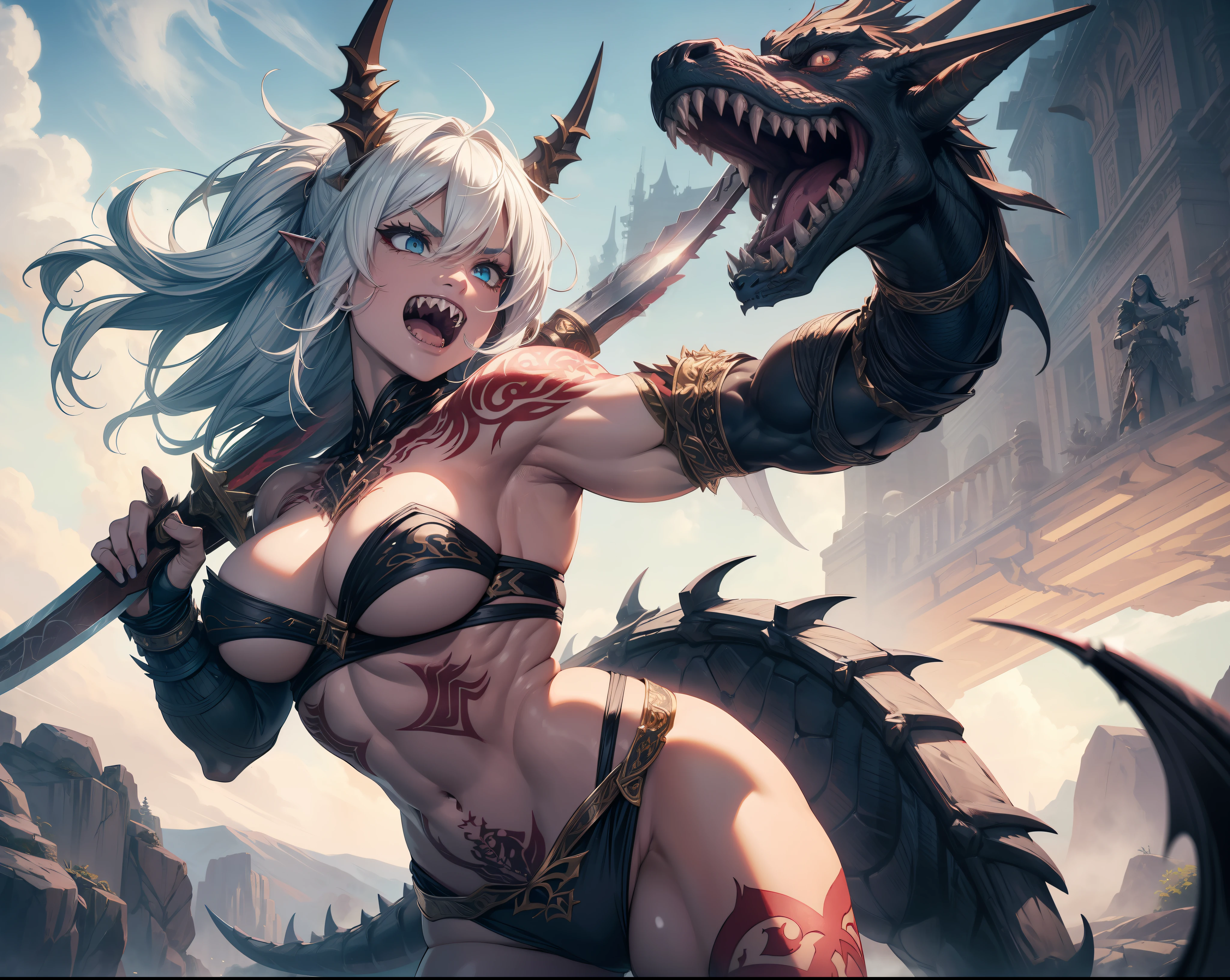 (A muscular and monstrous barbarian girl wielding a massive sword, adorned with intricate tattoos, and baring sharp teeth) + dynamic pose + intricate details + joyfully laughing, with her dragon as a pet, dragon eyes