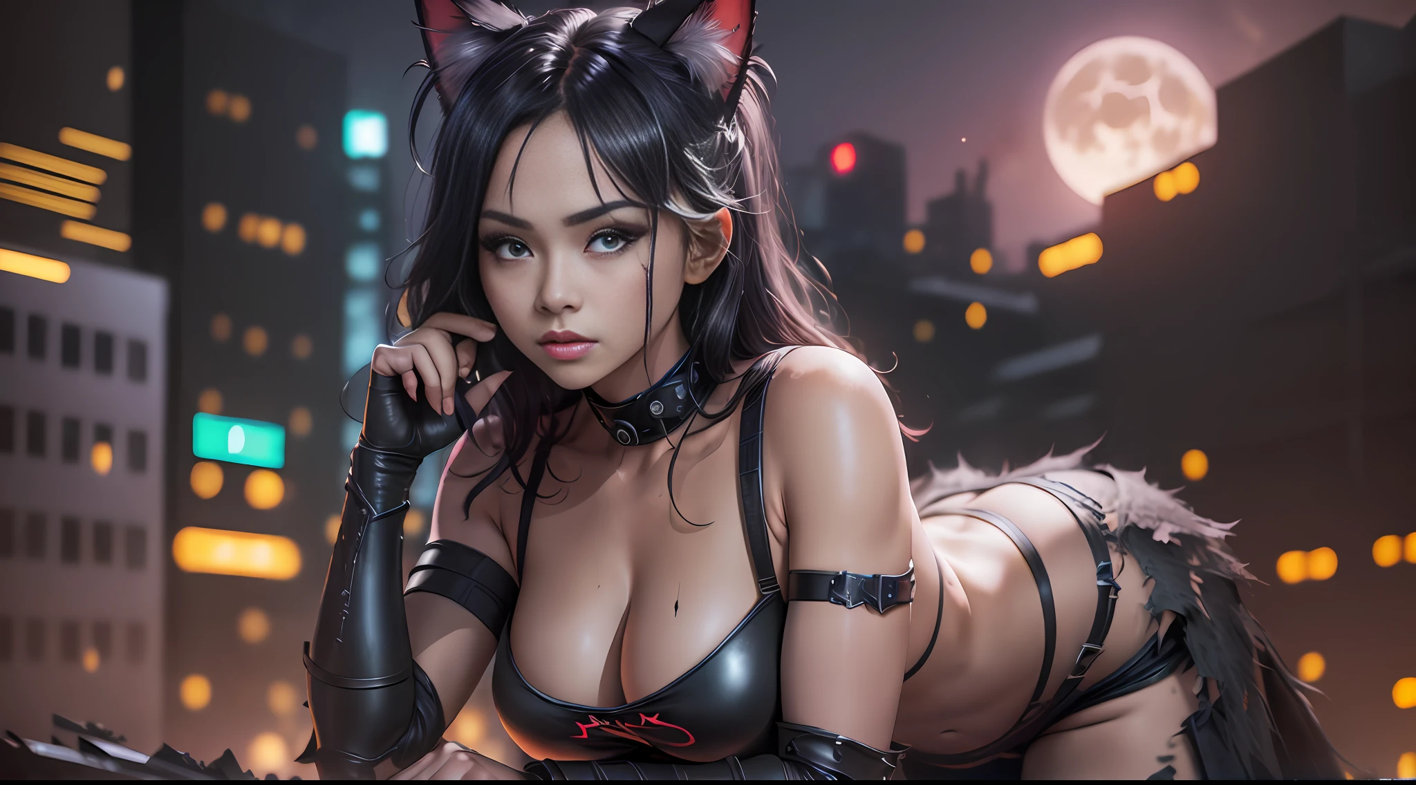 Brave standing girl, cat ears, seductive, medium breasts, wasp waist, torn black t-shirt, (elastic tits visible through the gaps), short and torn black shorts that do not hide elastic buttocks, black boot, black claws, big black hair, thin, attractive fabric, bloody hands. (Warehouse at night, dawn, old and abandoned place at night, night, flying dust, apocalyptic landscapes, ruined city at night). (ambient lighting, masterpiece, seduction, depth of field, Full HD, 4K, wide-angle lens, richness of detail). Hollywood style, (against the backdrop of a huge bright moon), gumiho, dark city at night, dark alley, (photo with the best quality, masterpiece, sensuality and elegance, ultra-detailed, ultra-realistic, depth of field, HD, photo taken with Sony R7 camera with 85mm full-frame lenses, f1.2 aperture), portrait style