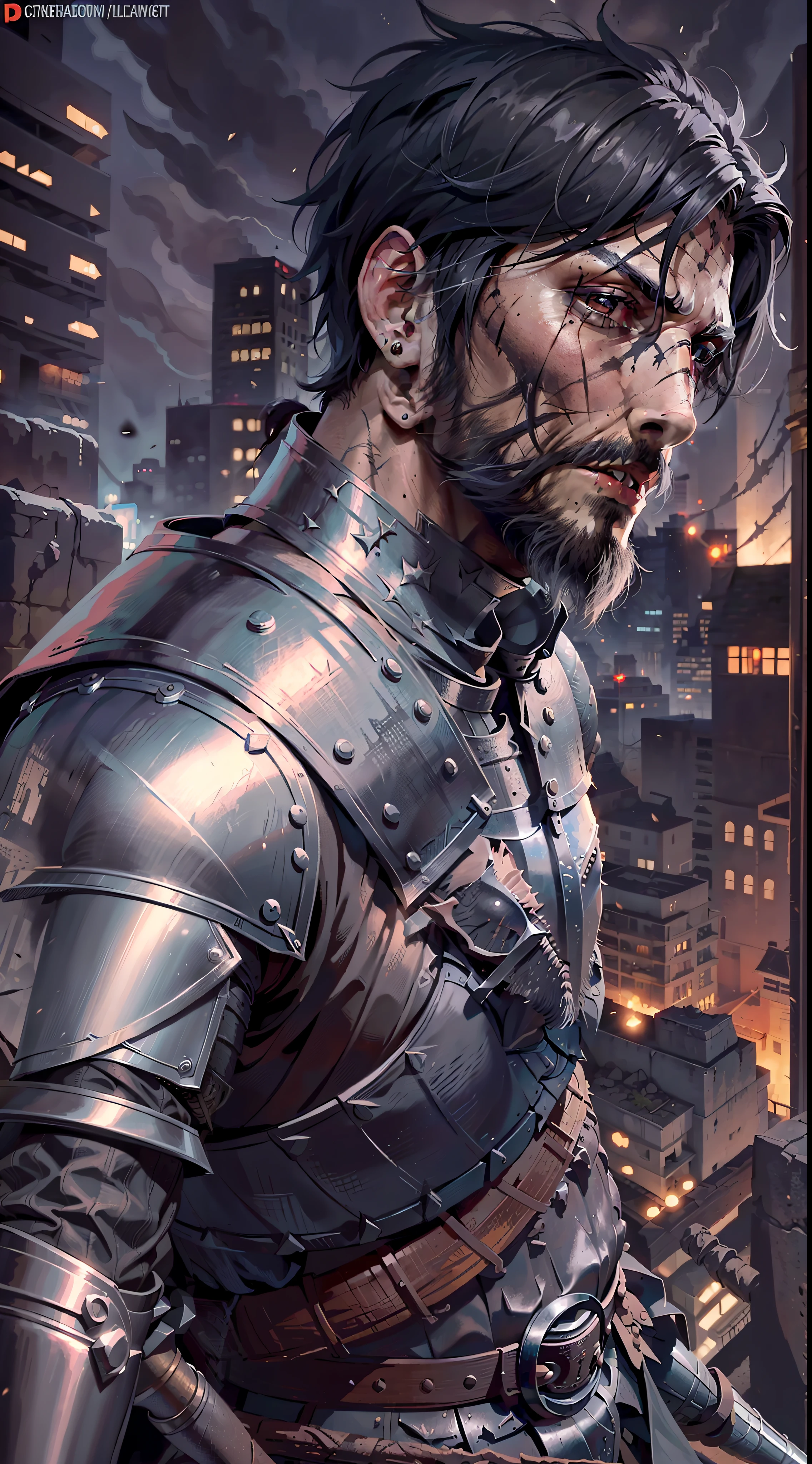 a medieval knight, dirty black armor, beard, short black hair, with a sword, scars in the face, city night background