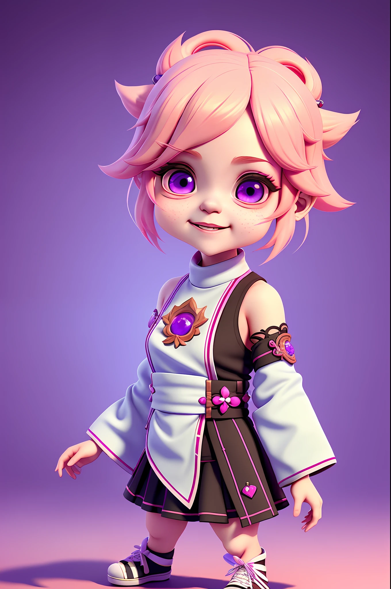 cbzbb , 1girl ,yae miko ,charachter ,cute, little,  beautiful, devian art, trending artstation, digital art, detailed, cute, realistic, humanoide, character, tiny,cinematic sho ,cinematic lights,looks happy, pink hair, purple eyes