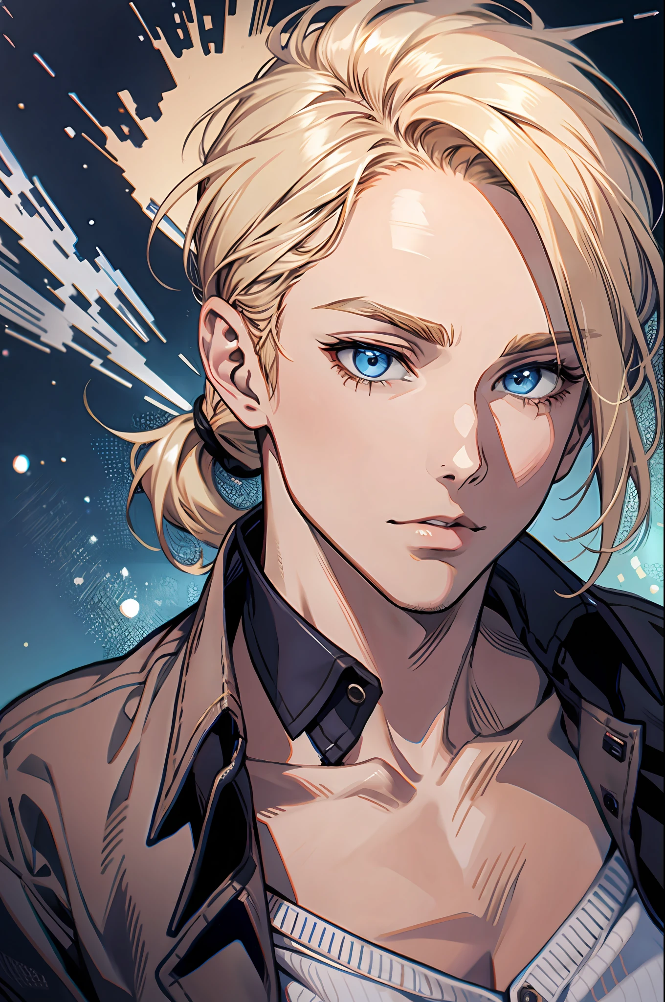 1man, solo, blue eyes, blonde hair, ponytail, detailed eyes and face, oversized cardigan, unbuttoned shirt, sexual pose