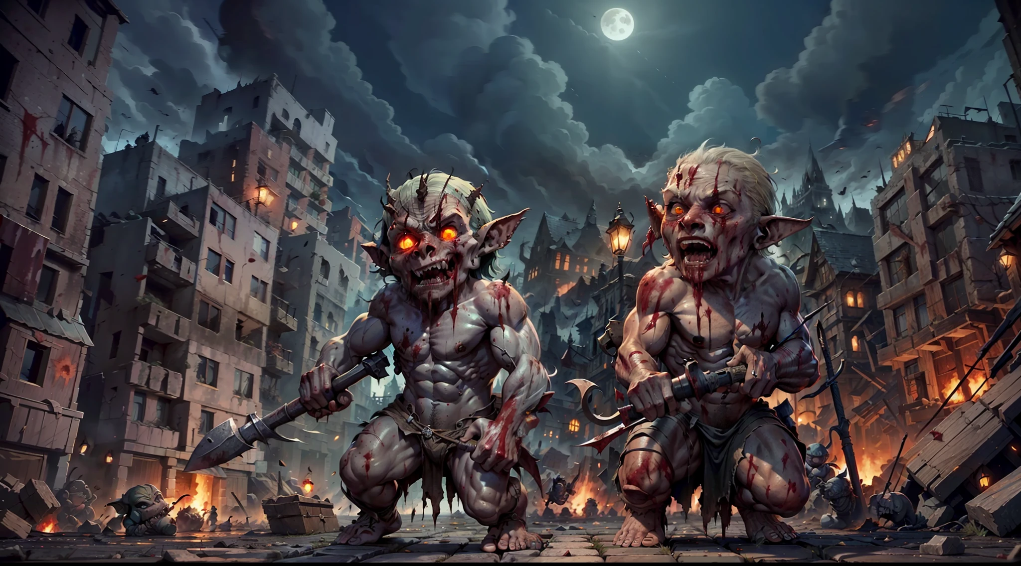 deformed goblins destroying a medieval city, night, bloody, blood, corpses, gore