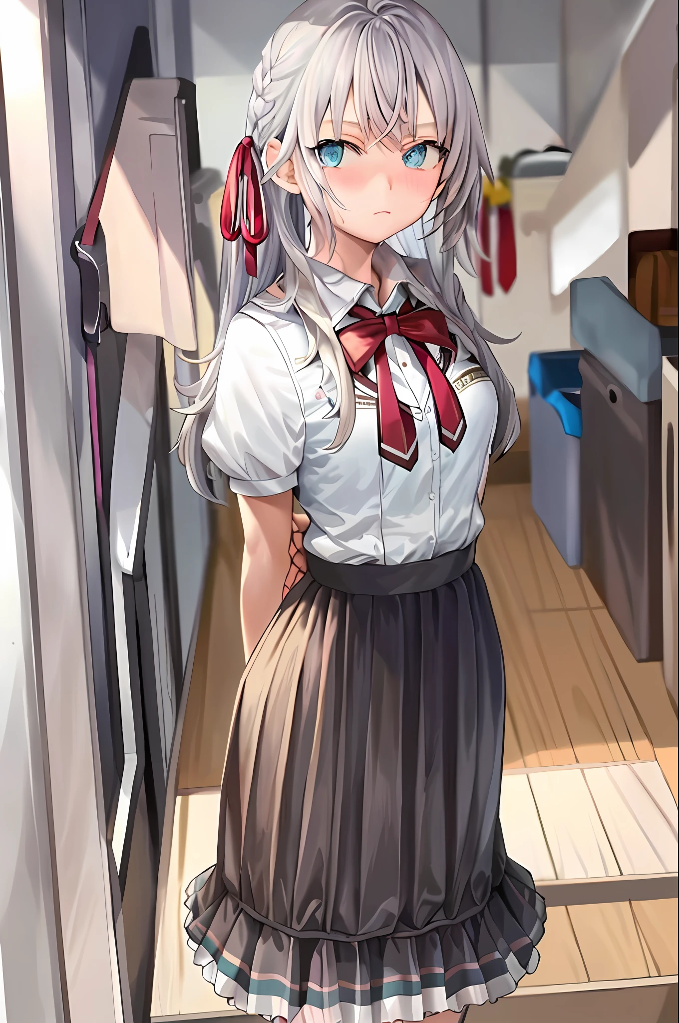 masterpiece, best quality, 1girl, looking at viewer, hair between eyes, aqua eyes, white hair, long hair, ribbon, hair ribbon, school uniform, pleated skirt, white shirt, black skirt, short sleeves, arms behind back, embarrassed, blush,