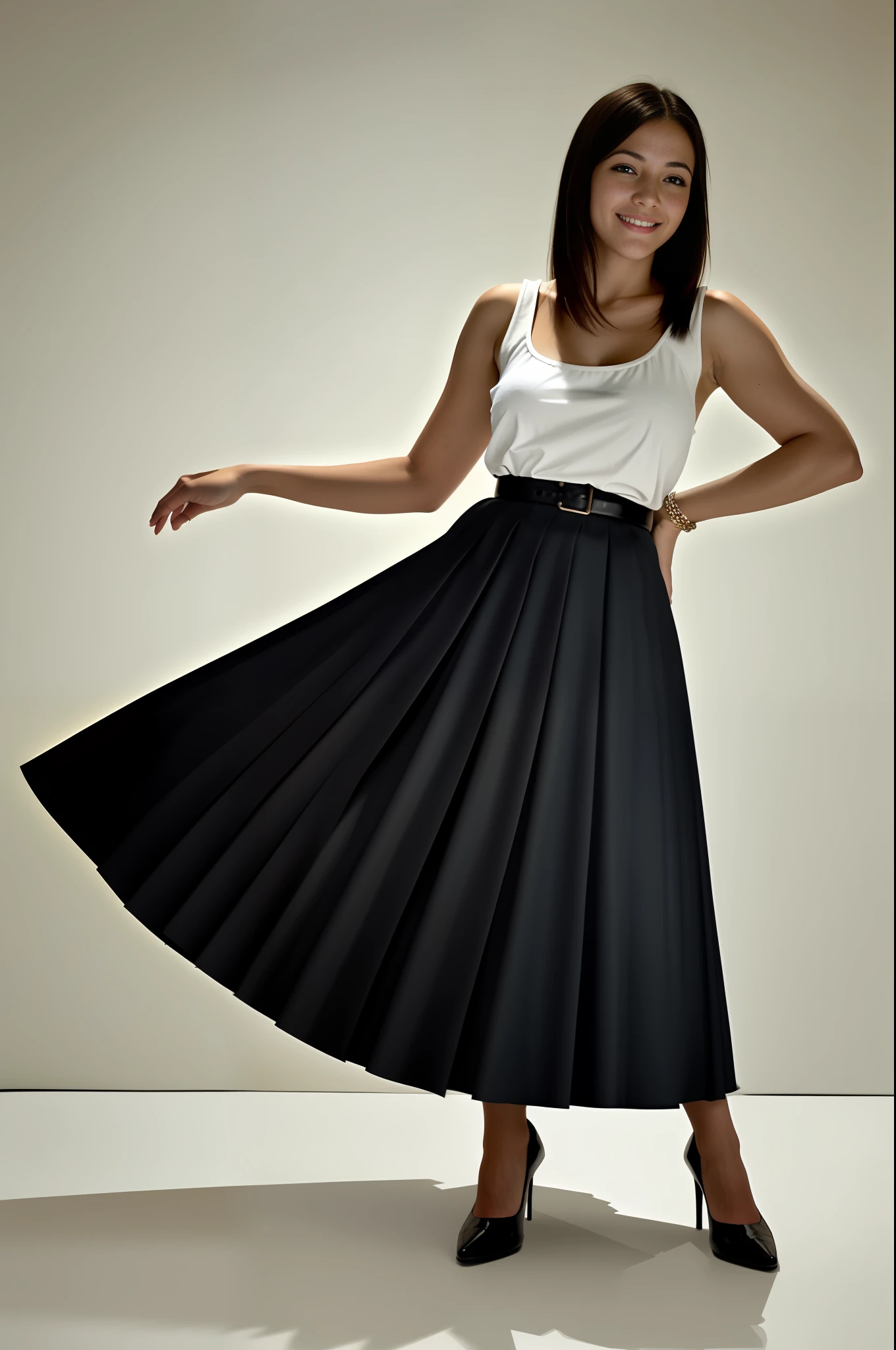 35mm f1.4 Kodak portra 400 photograph, extremely high quality RAW photograph, a therapist is playing with her skirt (in a  manner:1.3) on a space station, (shy) authentic (kind and tender) lesbian woman wearing a short blazer with a very very detailed (long (fully pleated) full circle skirt) and (simple) low heeled office shoes, very very intricate hyper-detailed symmetric (attractive graceful young feminine face) with (sad, tired) eyes and a (flirty smile:1.3), full of empathy and compassion and love, (pronounced feminine features:1,3), big , , (highly detailed ultra accurate realistic) hands and fingers, ((windy conditions and wind blowing)), epic composition, highly detailed attributes, highly detailed atmosphere, detailed background, intricate, Exquisite details and textures, highly detailed, deep space station secret operations active background