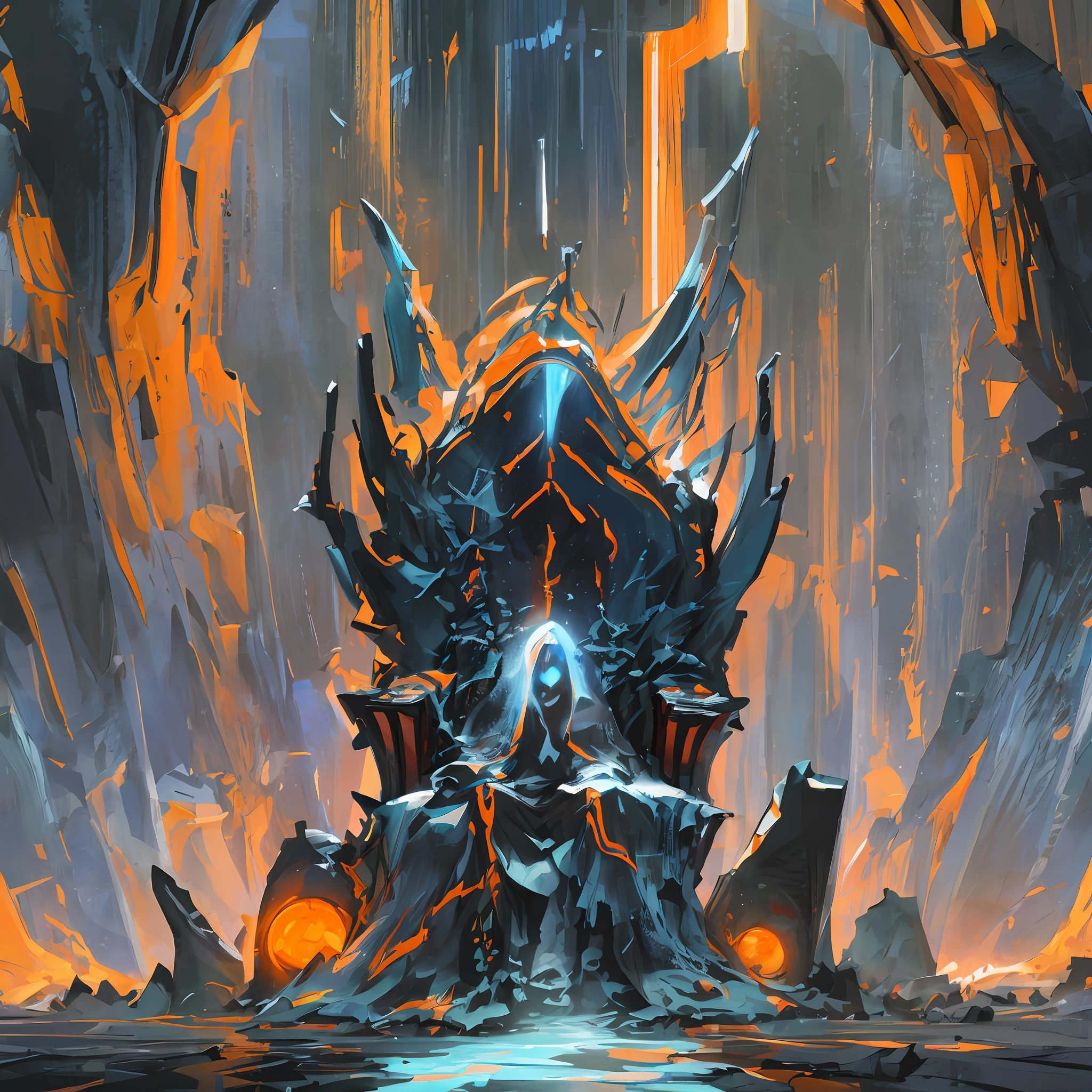 Sci-fi, dark vibes, strange hooded figure, an ancient throne that's cracked and shining with a frenzied orange, dystopian future.