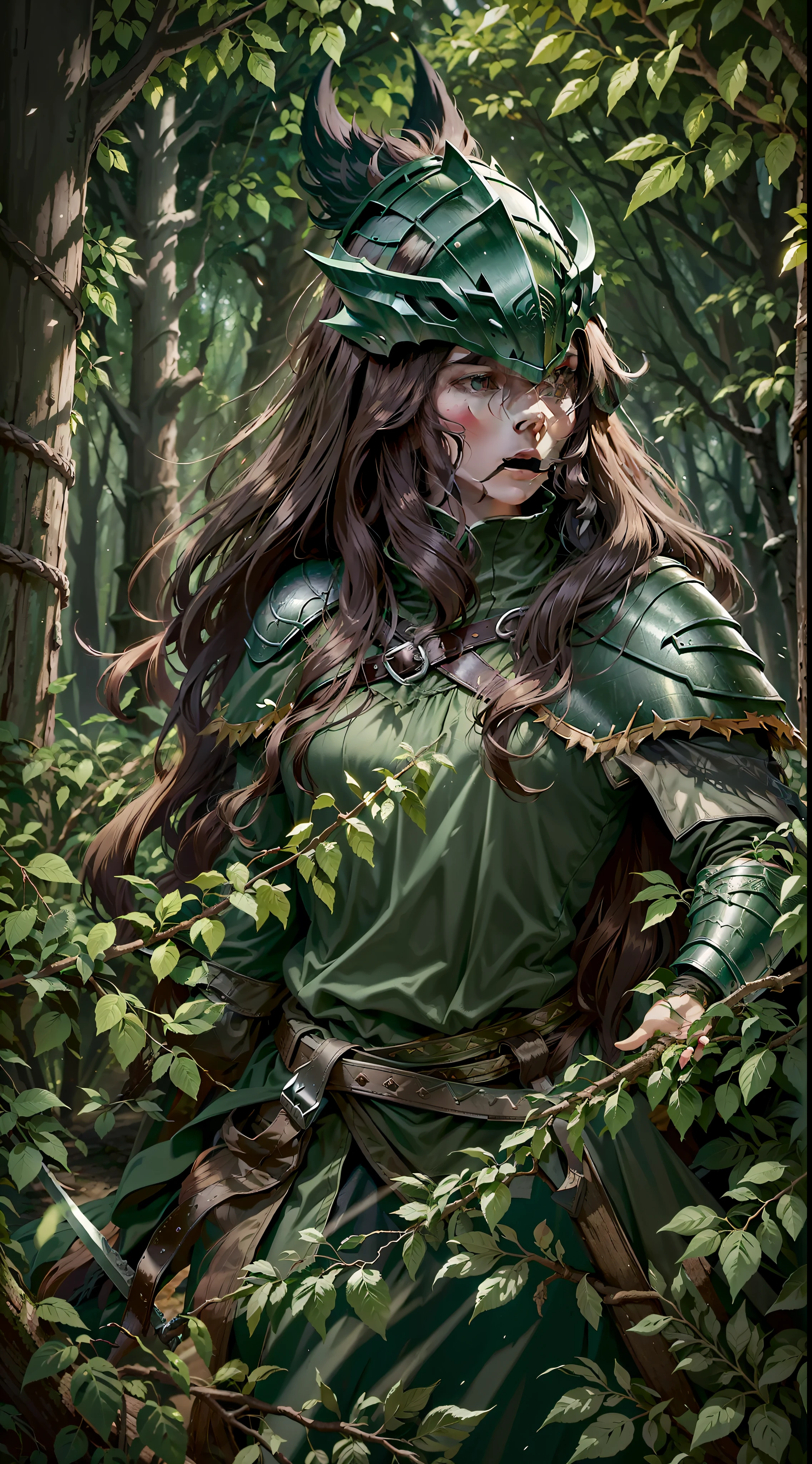 a medieval druid, dark green armor, wolf helmet, wildly long brown hair, with a sword, forest night background