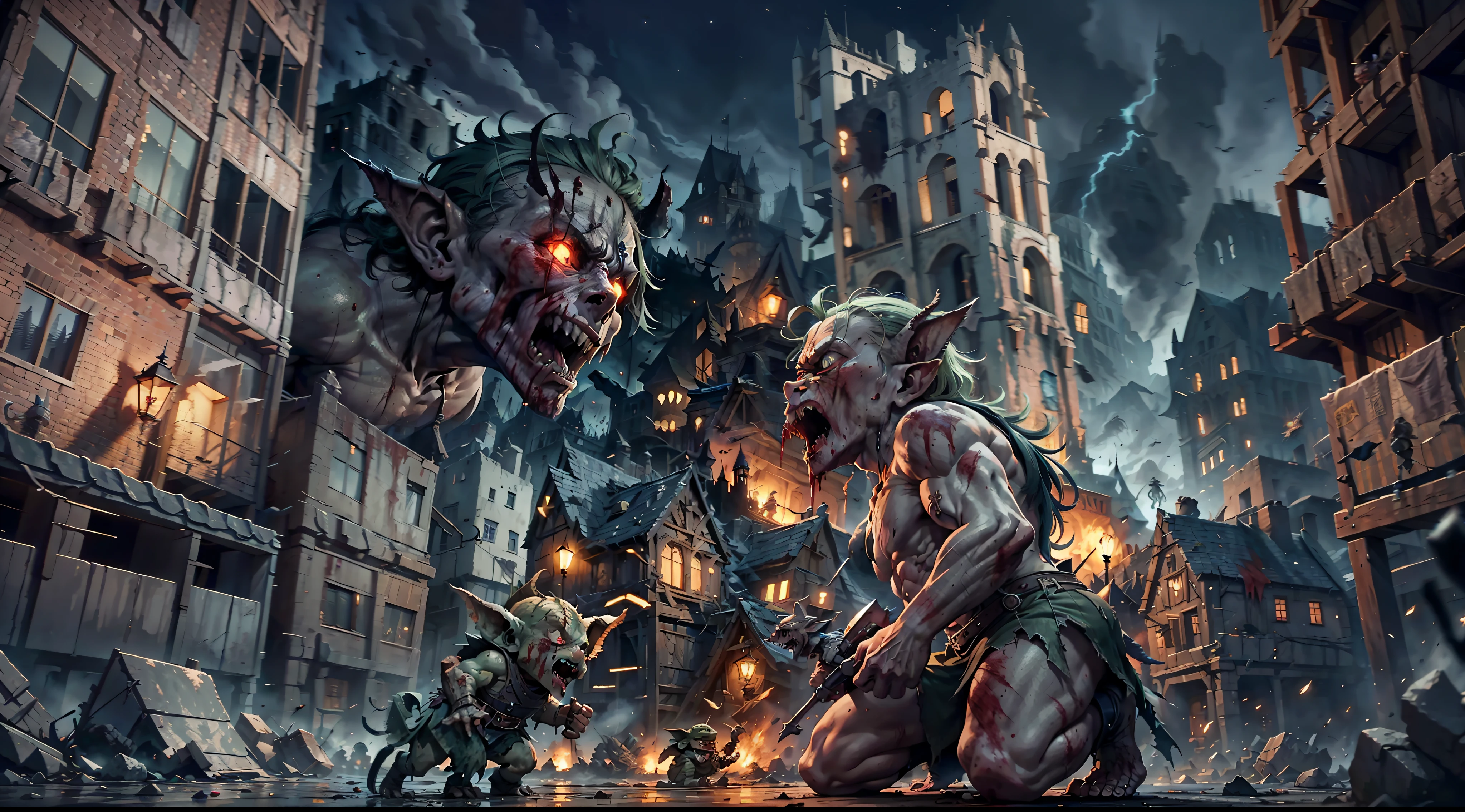 deformed goblins destroying a medieval city, night, bloody, blood, corpses, death