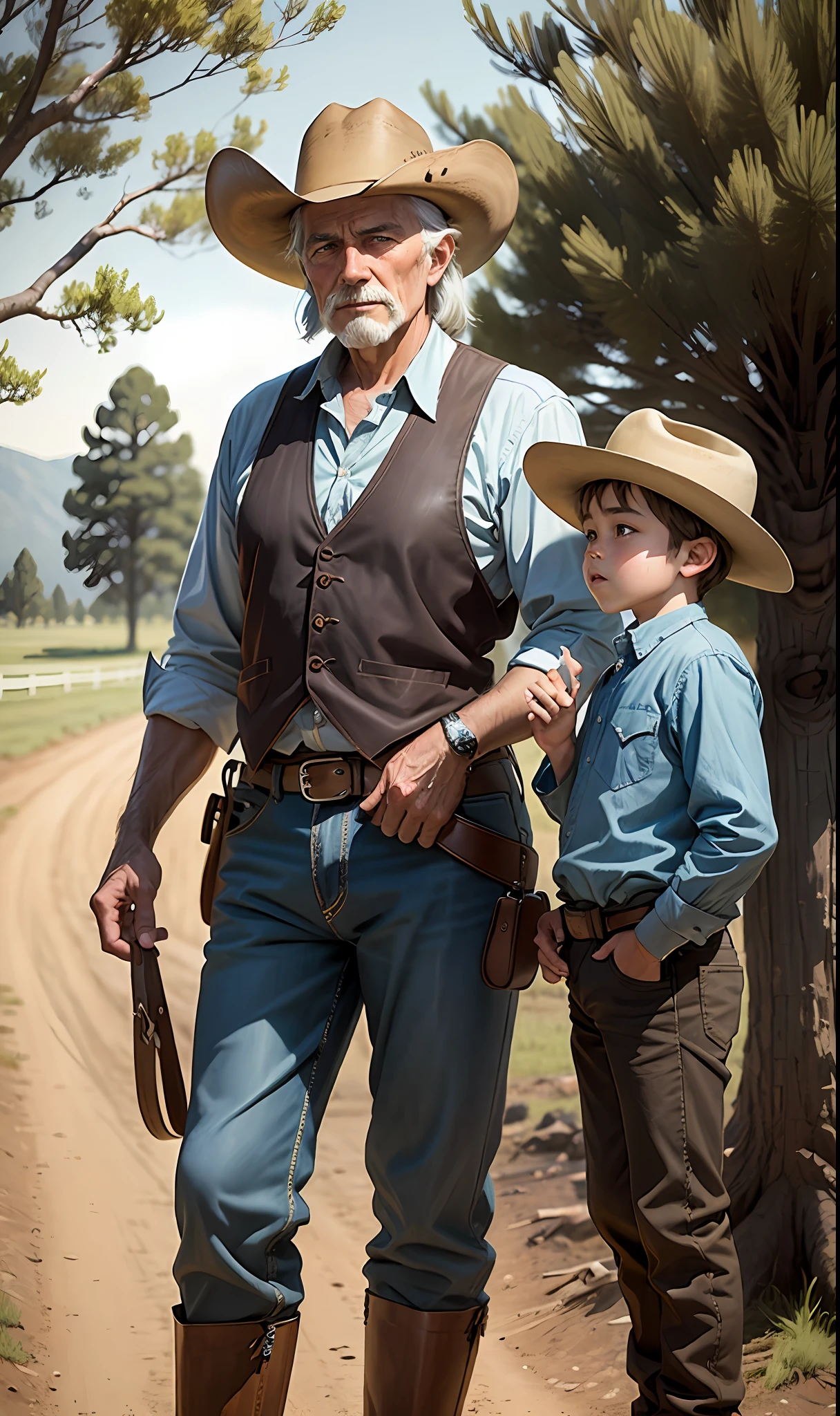 (a old cowboy grandfather with his grandson on his ranch, horses and trees in the background)